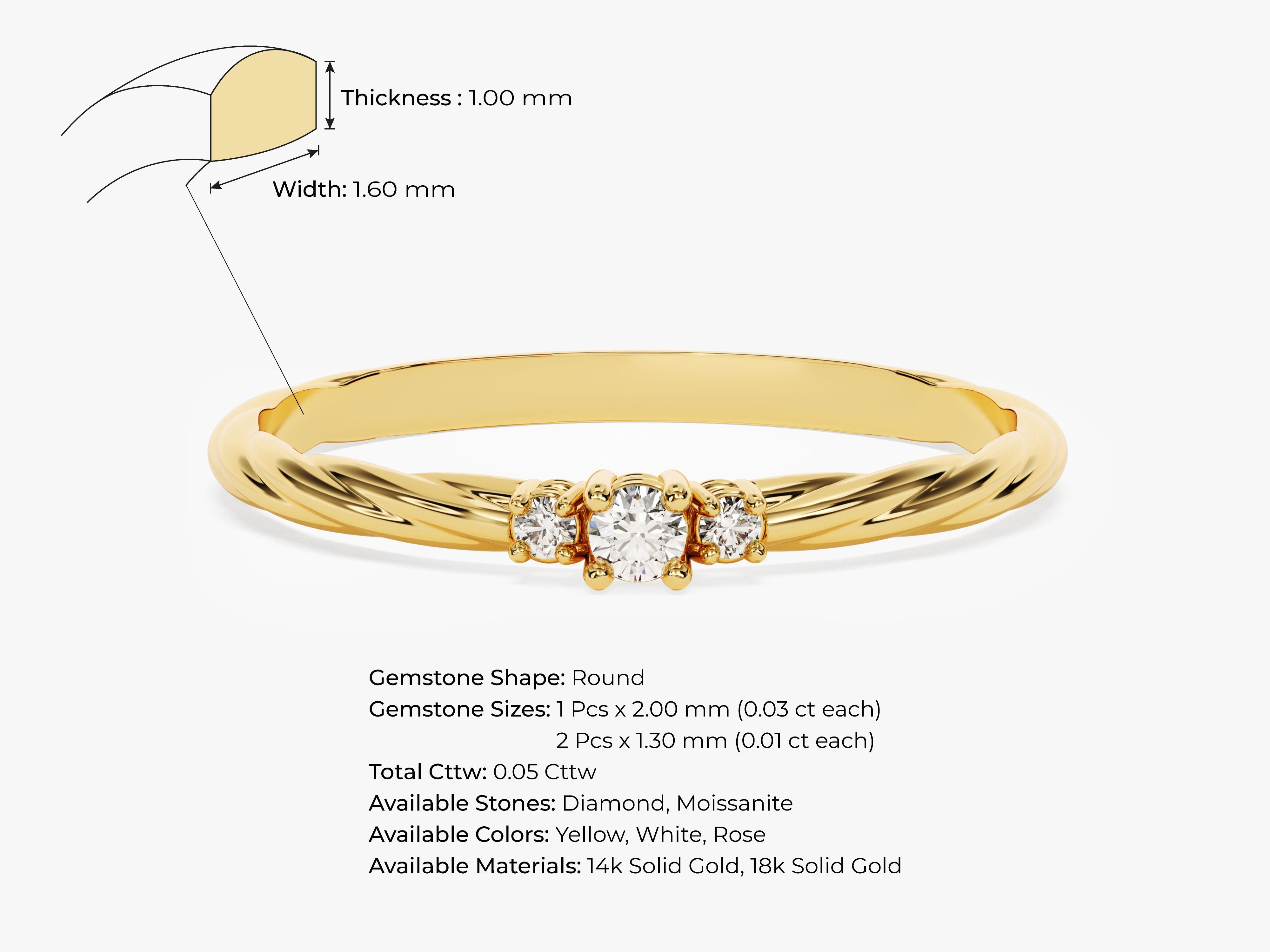 Gold twisted band ring with three round diamonds