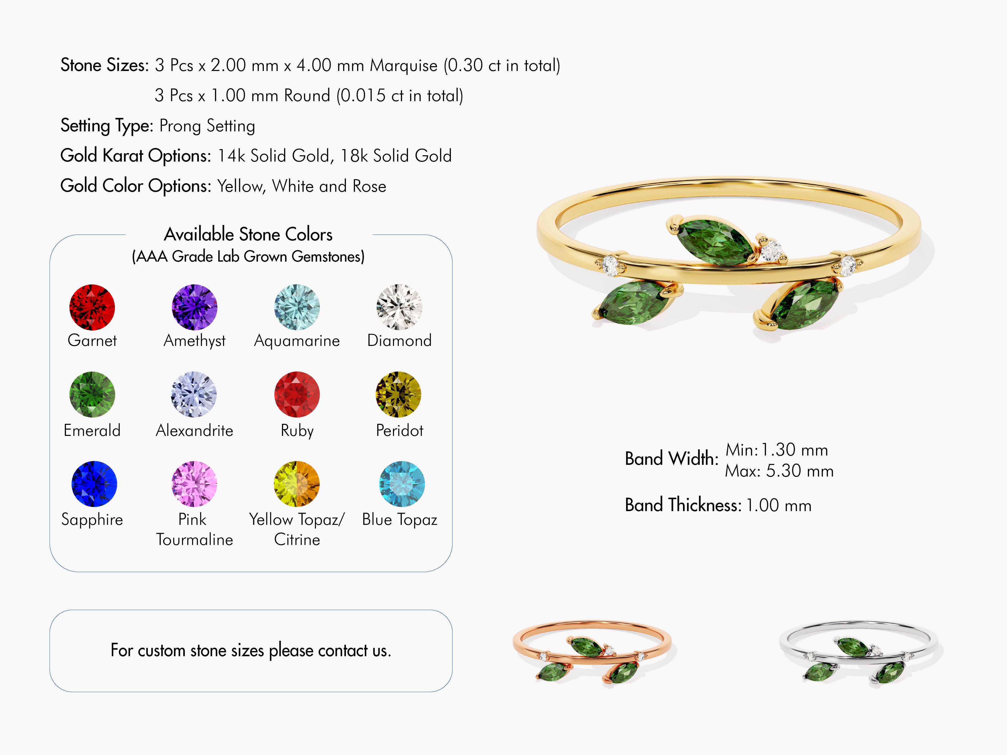 Emerald Leaf Ring in 14K Solid Gold