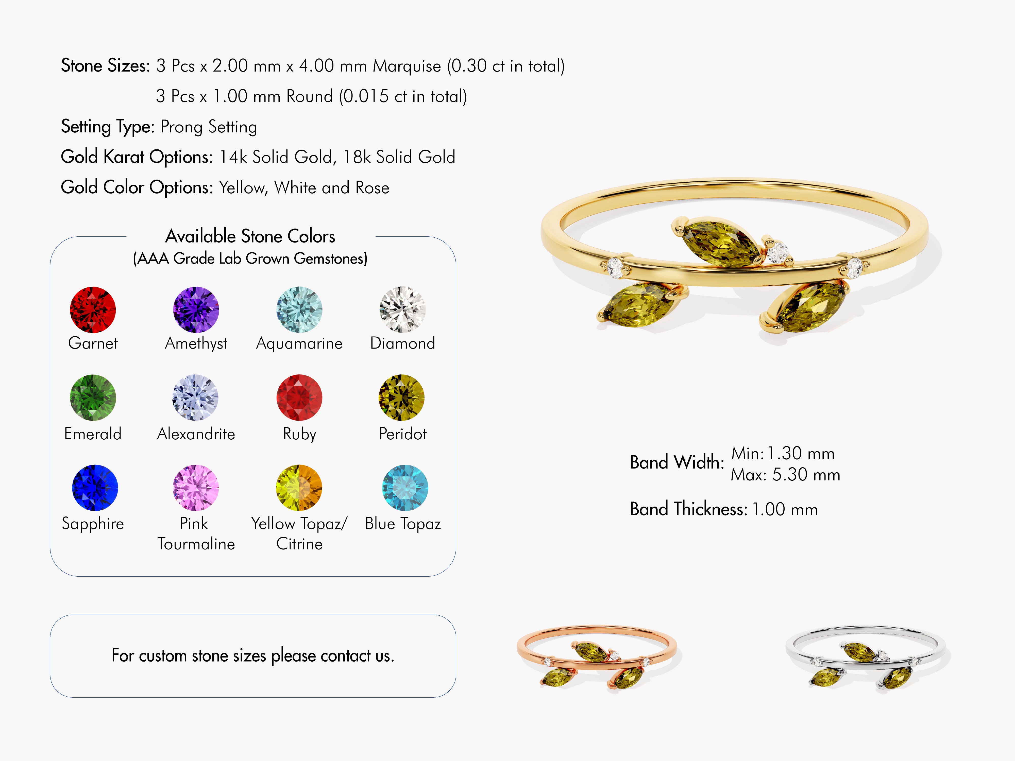 Peridot Leaf Ring in 14K Solid Gold