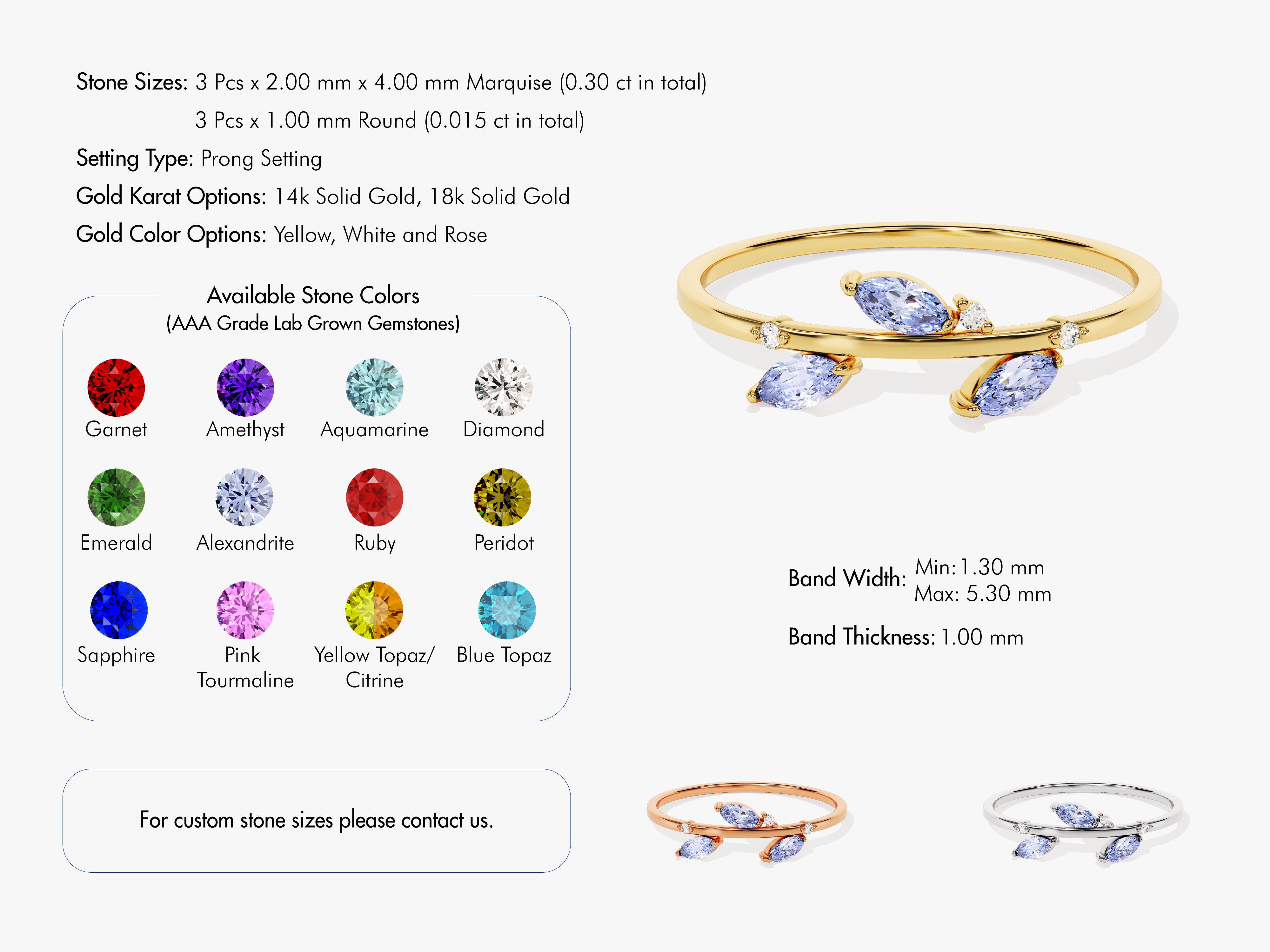 Marquise gemstone ring, prong set, available in gold colors and stones