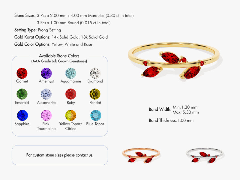 Garnet Leaf Ring in 14K Solid Gold