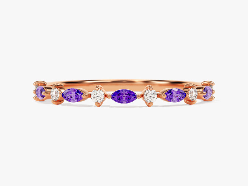 Alternating Marquise and Round Amethyst Birthstone Ring in 14k Solid Gold