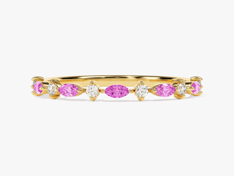 Alternating Marquise and Round Pink Tourmaline Birthstone Ring in 14k Solid Gold