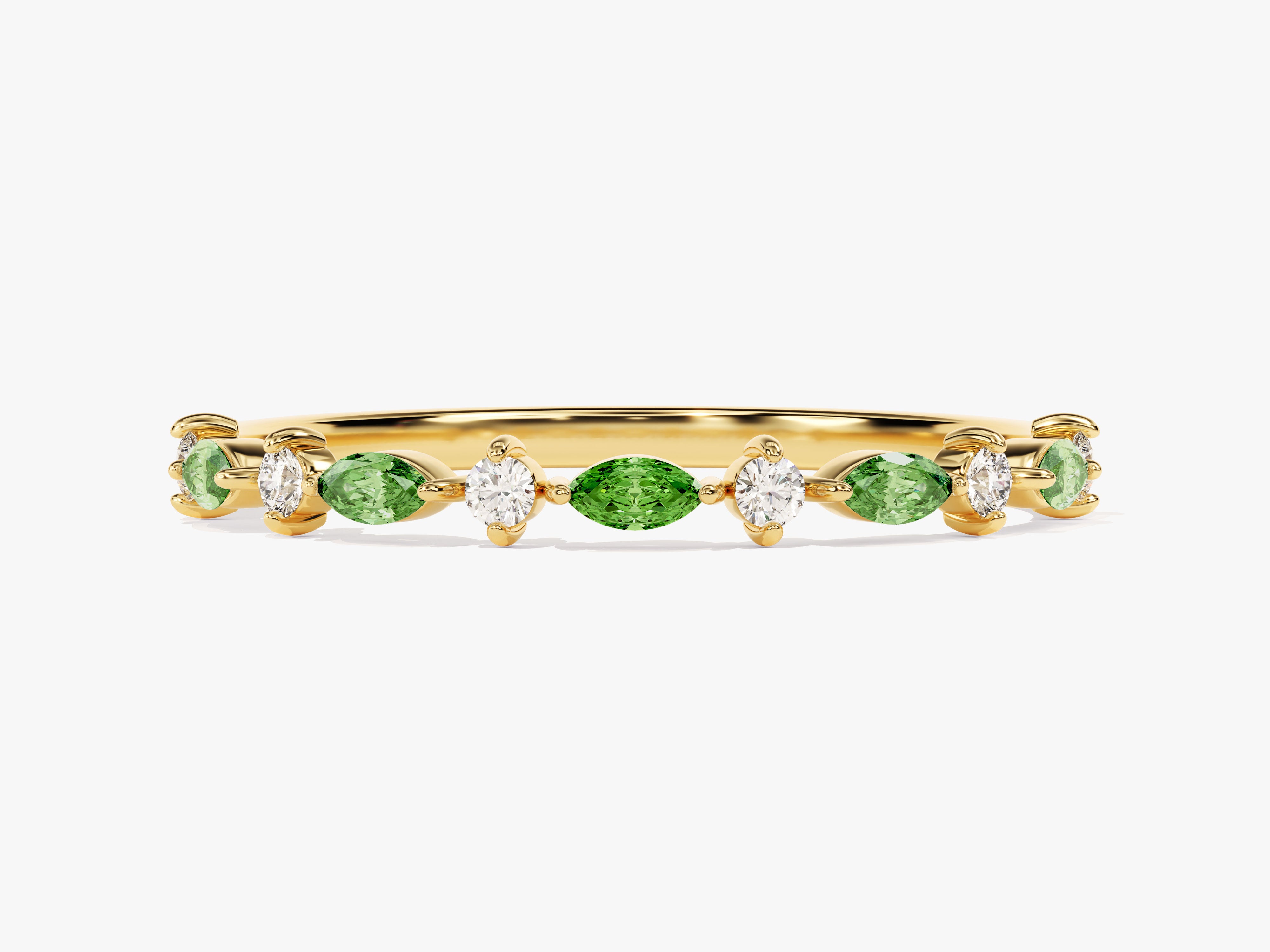 Alternating Marquise and Round Emerald Birthstone Ring in 14k Solid Gold