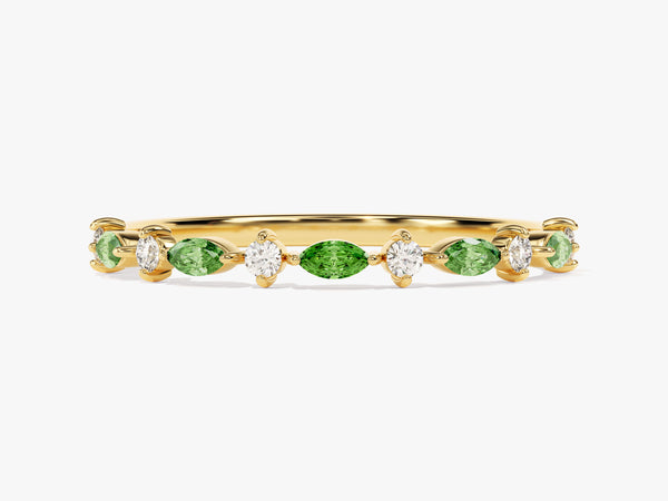 Alternating Marquise and Round Emerald Birthstone Ring in 14k Solid Gold
