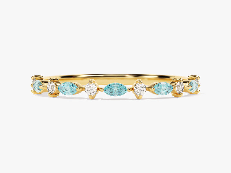 Alternating Marquise and Round Aquamarine Birthstone Ring in 14k Solid Gold