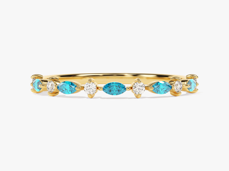 Alternating Marquise and Round Blue Topaz Birthstone Ring in 14k Solid Gold