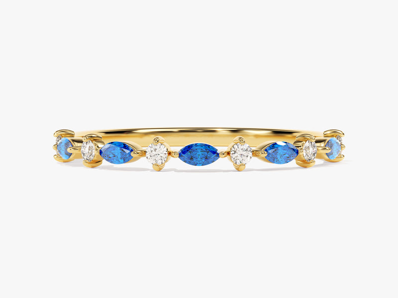 Alternating Marquise and Round Sapphire Birthstone Ring in 14k Solid Gold