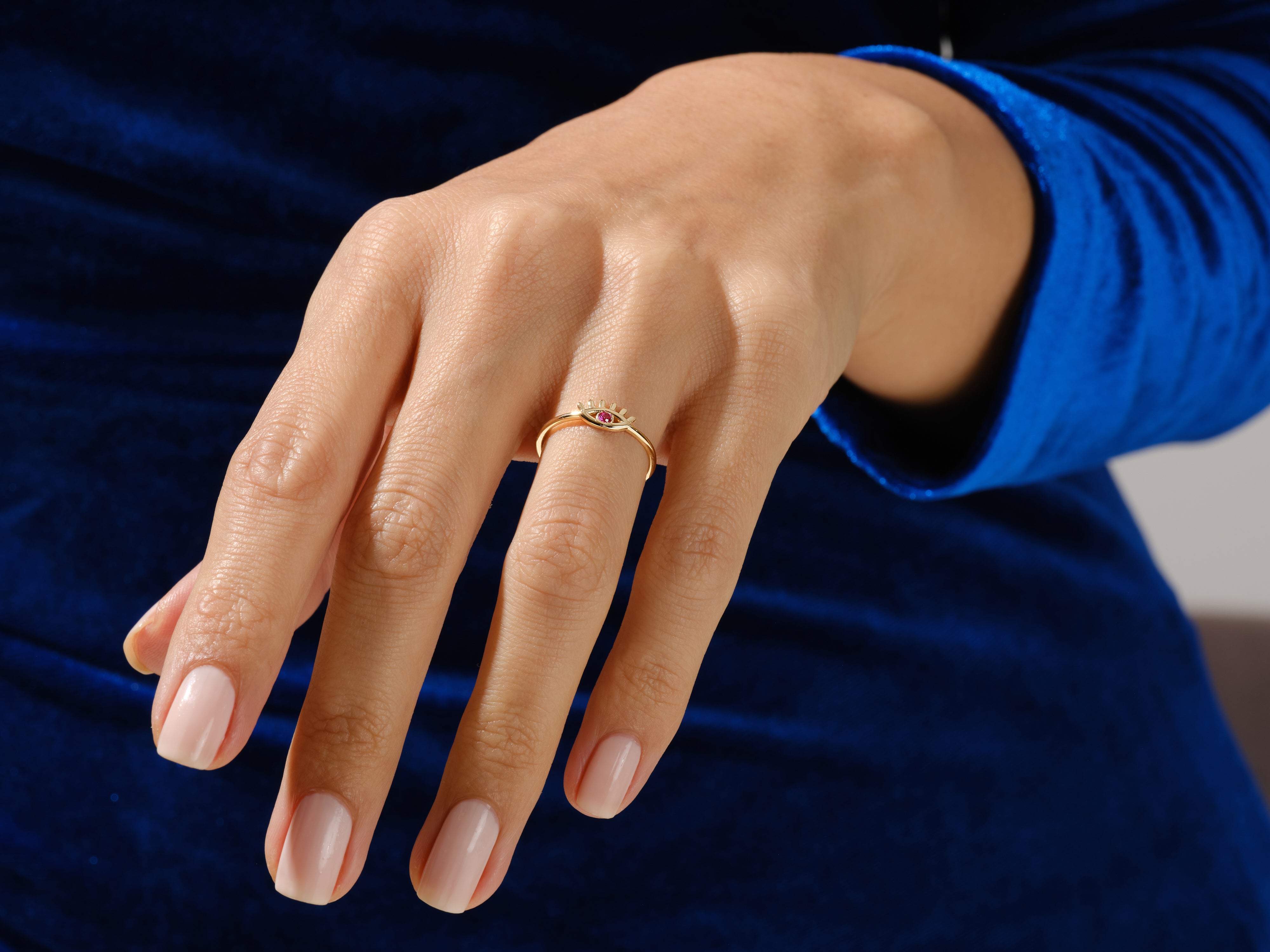 Single Emerald Evil Eye Ring in 14K Solid Gold