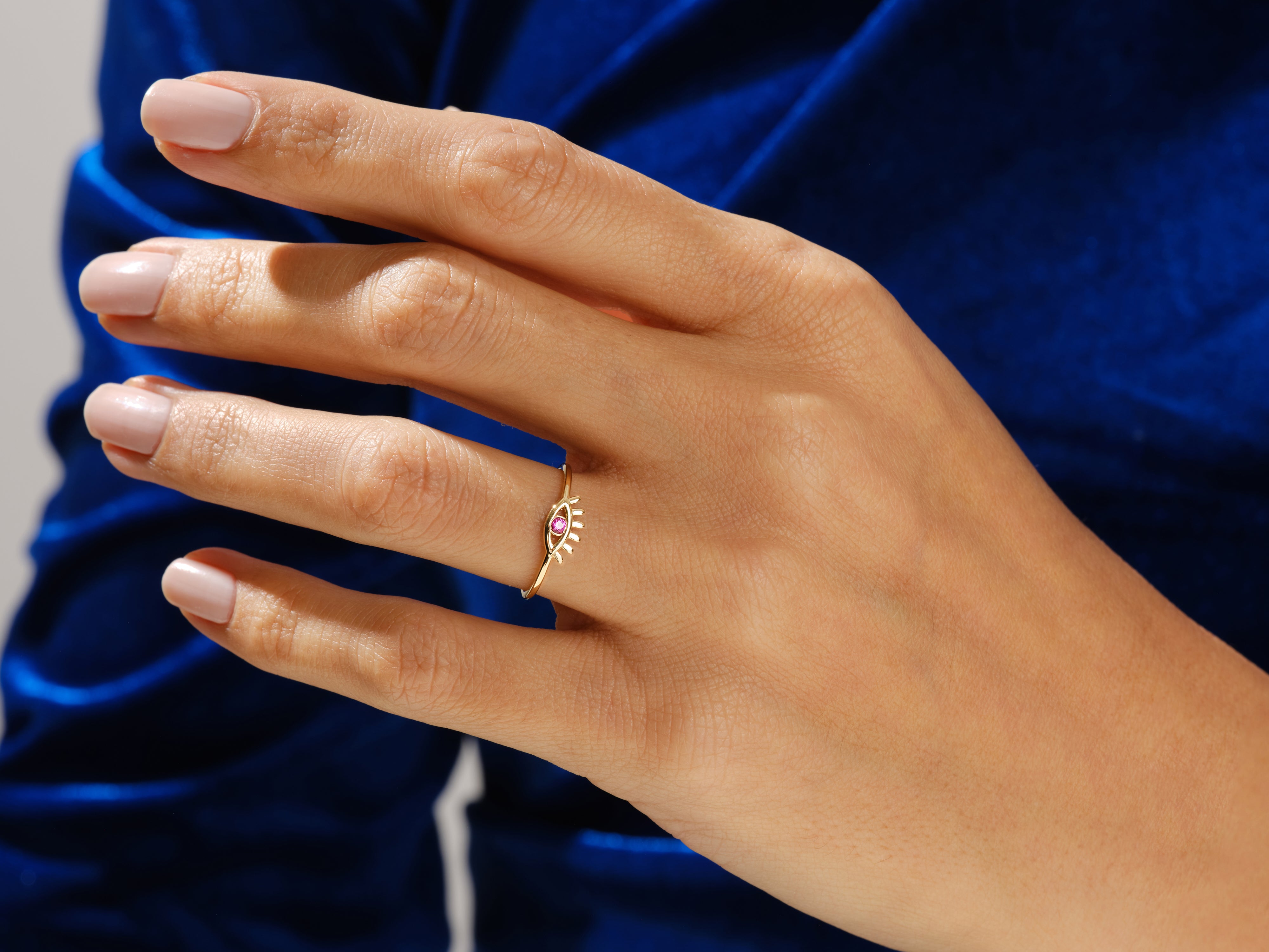 Single Sapphire Evil Eye Ring in 14K Solid Gold