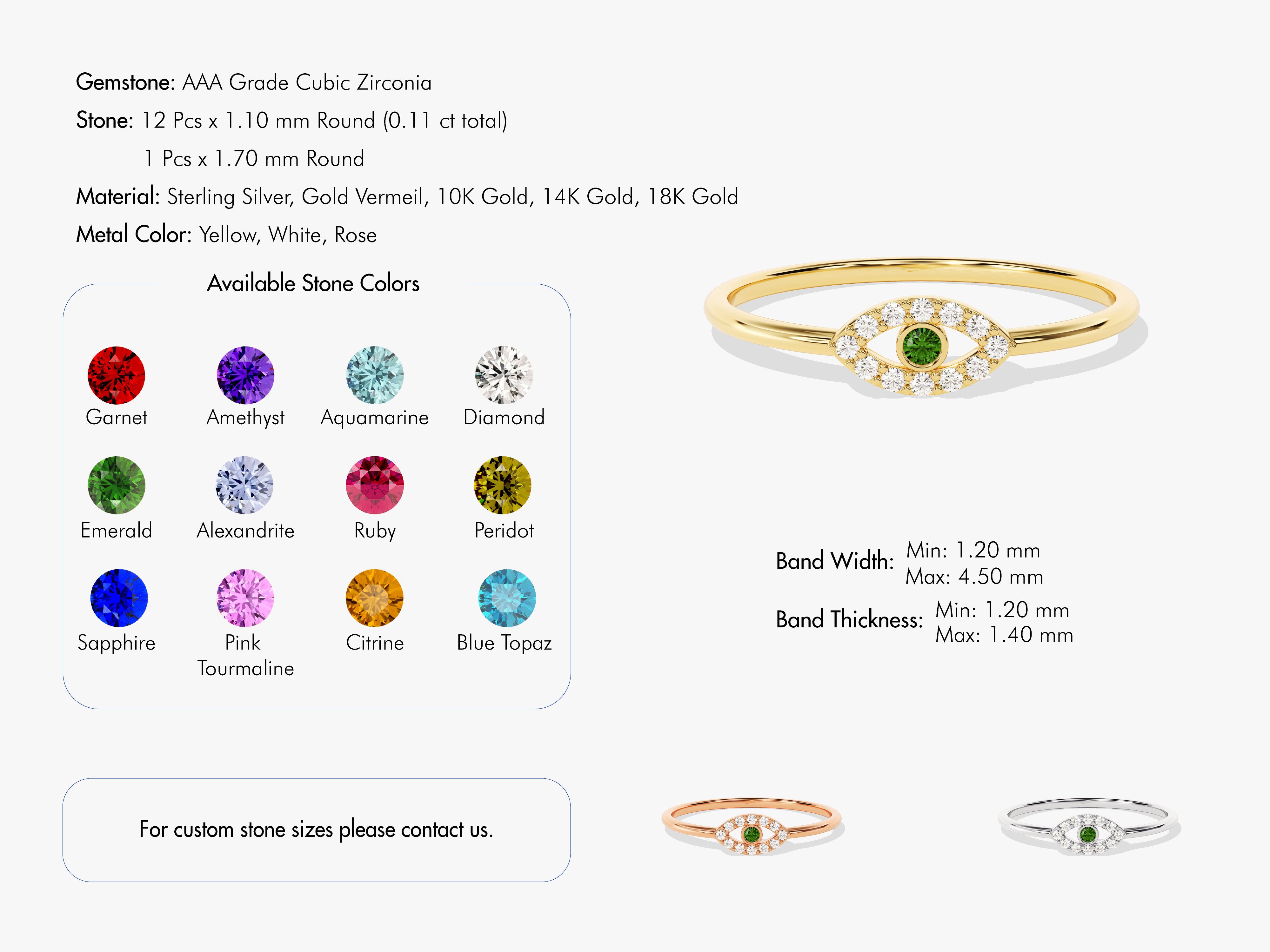 Evil eye ring with diamonds and green gemstone, jewelry