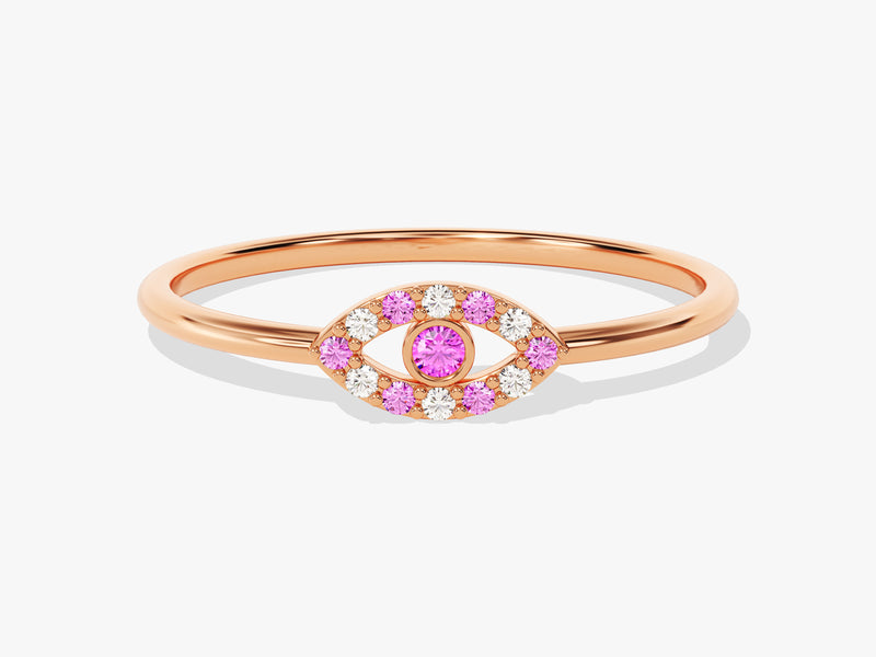 Evil Eye Alternating Pink Tourmaline Ring in 14K Solid Gold