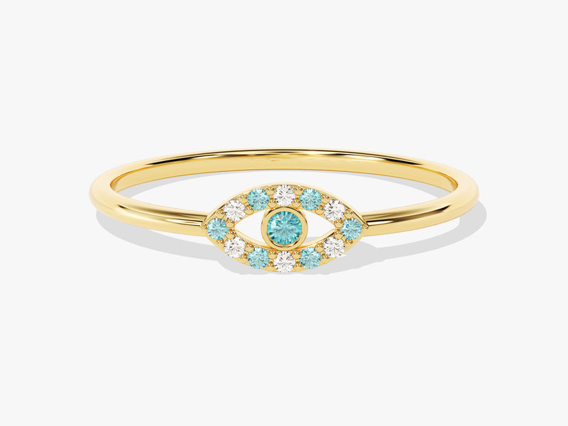 Evil Eye Alternating Aquamarine Ring in 14K Solid Gold