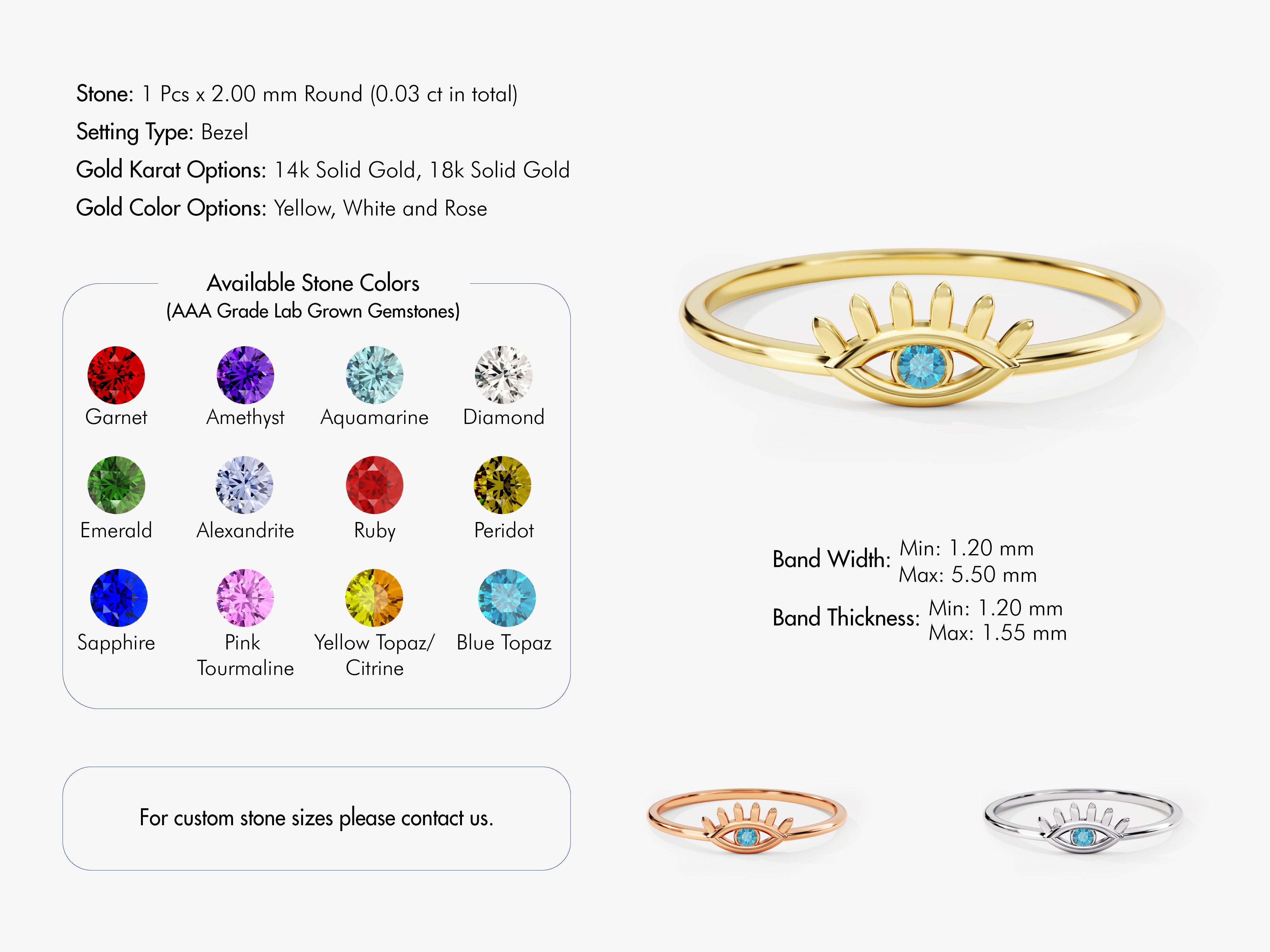 Single Blue Topaz Evil Eye Ring in 14K Solid Gold