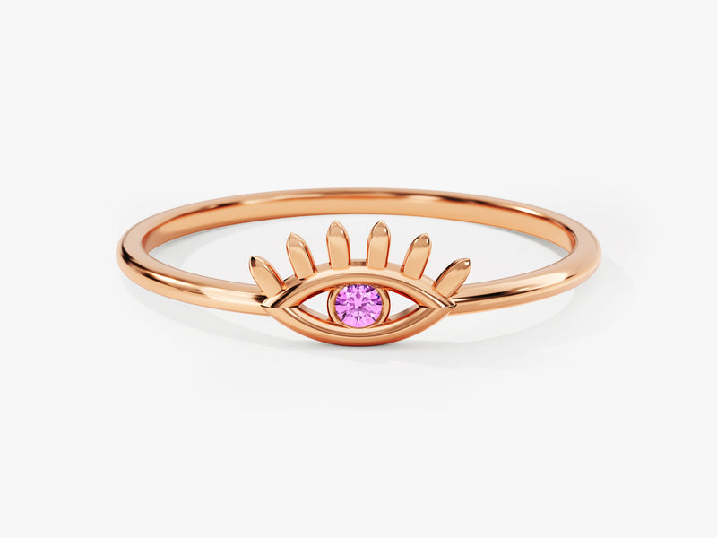 Single Pink Tourmaline Evil Eye Ring in 14K Solid Gold