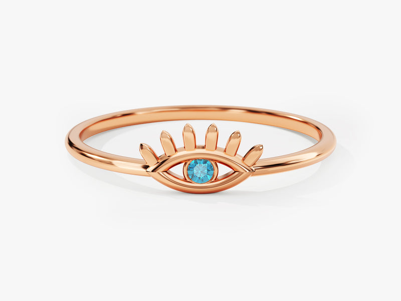Single Blue Topaz Evil Eye Ring in 14K Solid Gold