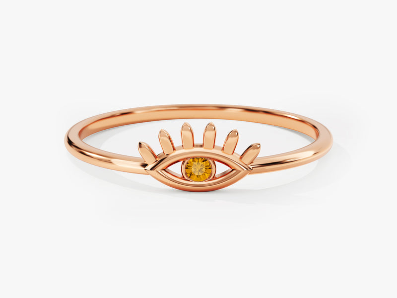 Single Citrine Evil Eye Ring in 14K Solid Gold