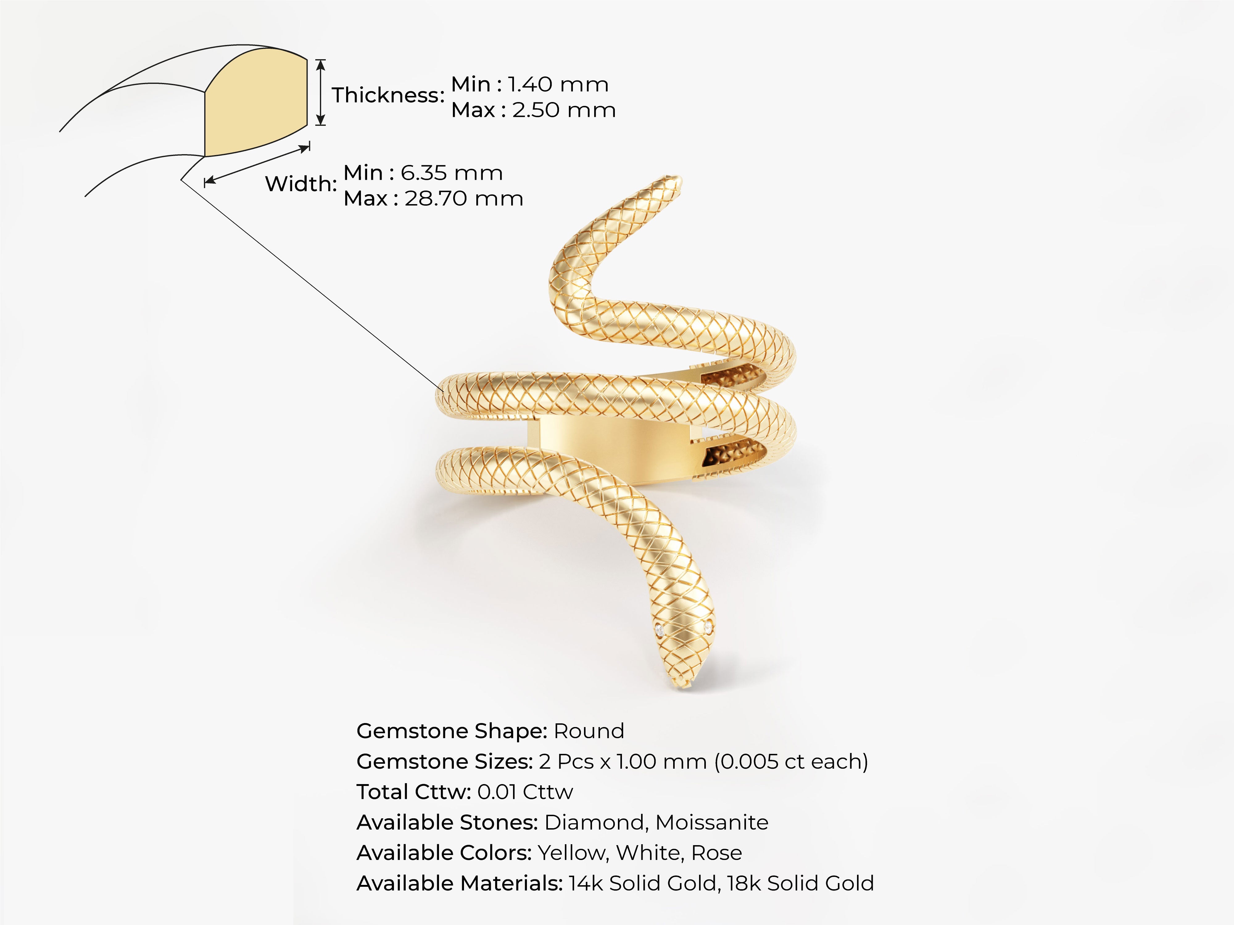 Gold snake ring with diamond accents, available in 14k and 18k solid gold