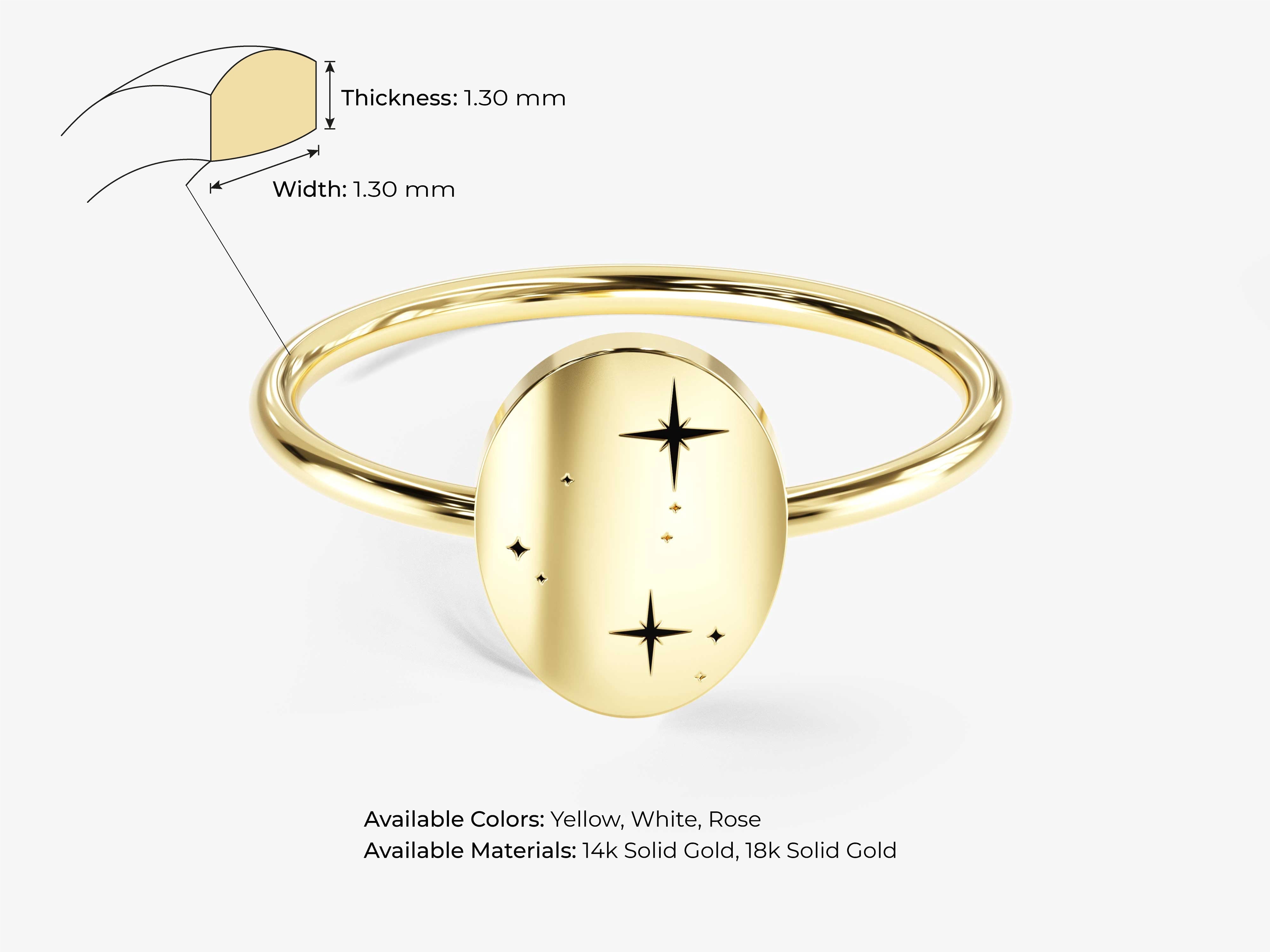 Gold oval ring with star engraving, available in 14k and 18k solid gold