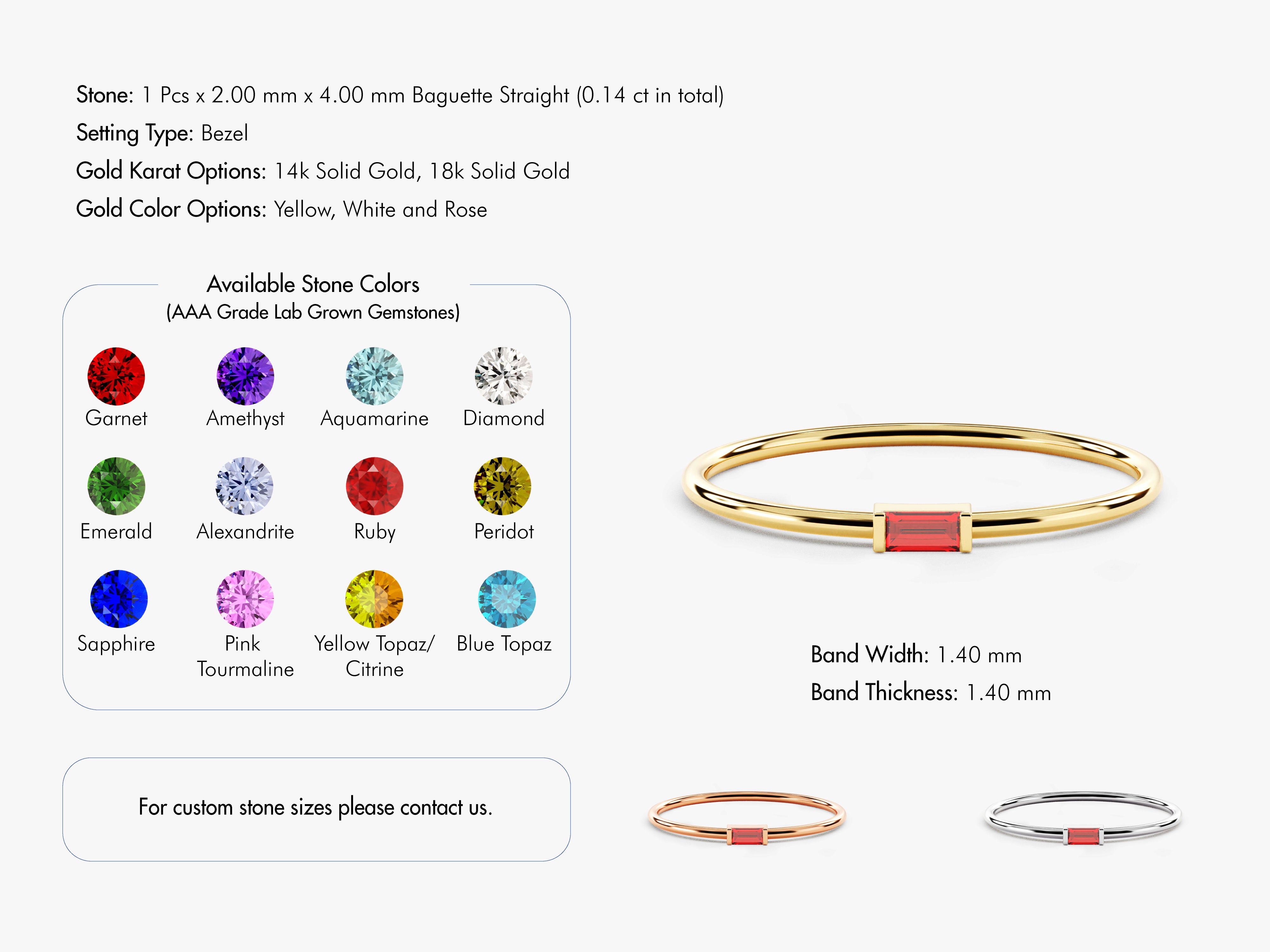Gold baguette ring with customizable gemstone options