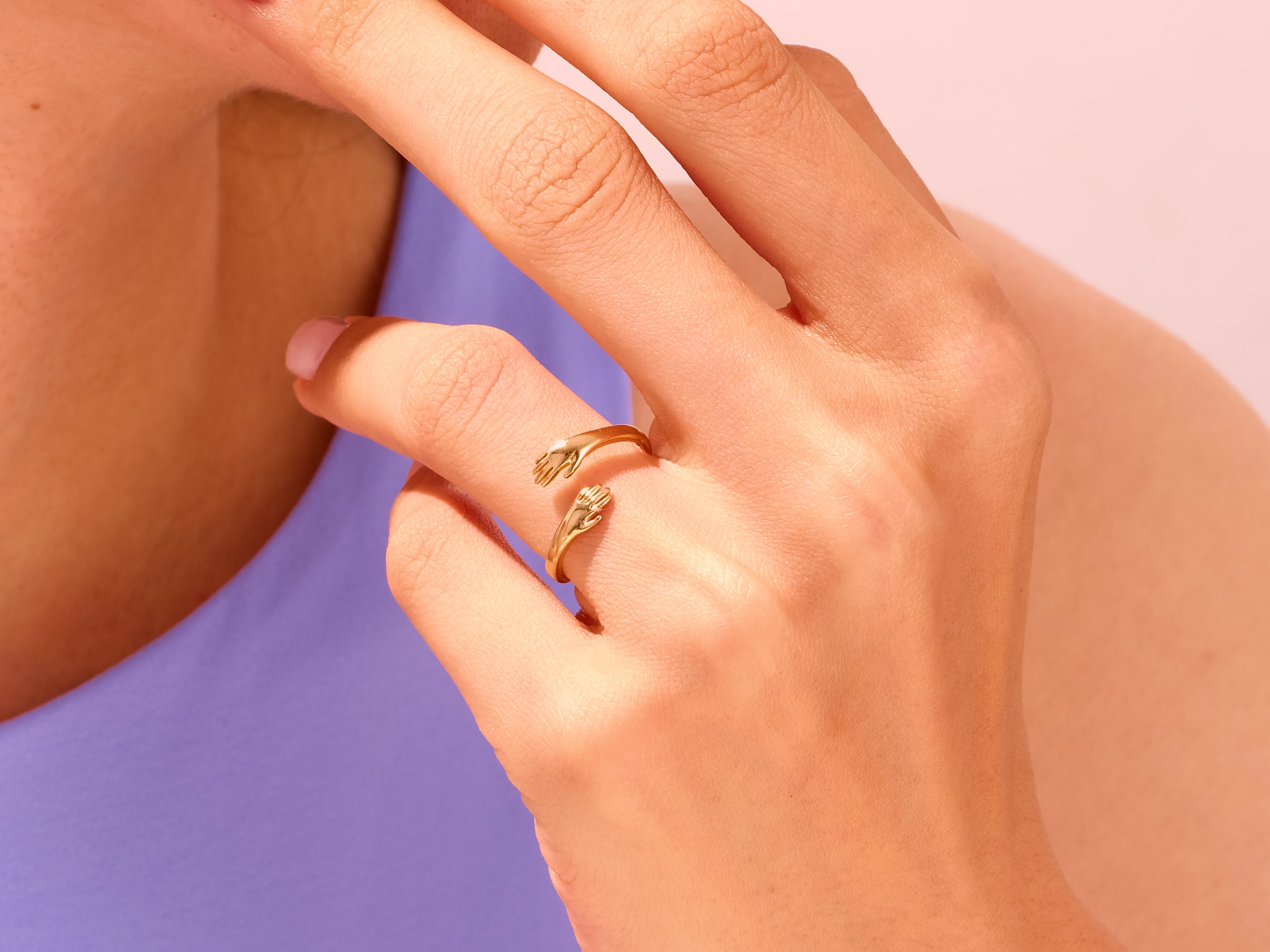 Gold hug ring on hand, jewelry for her