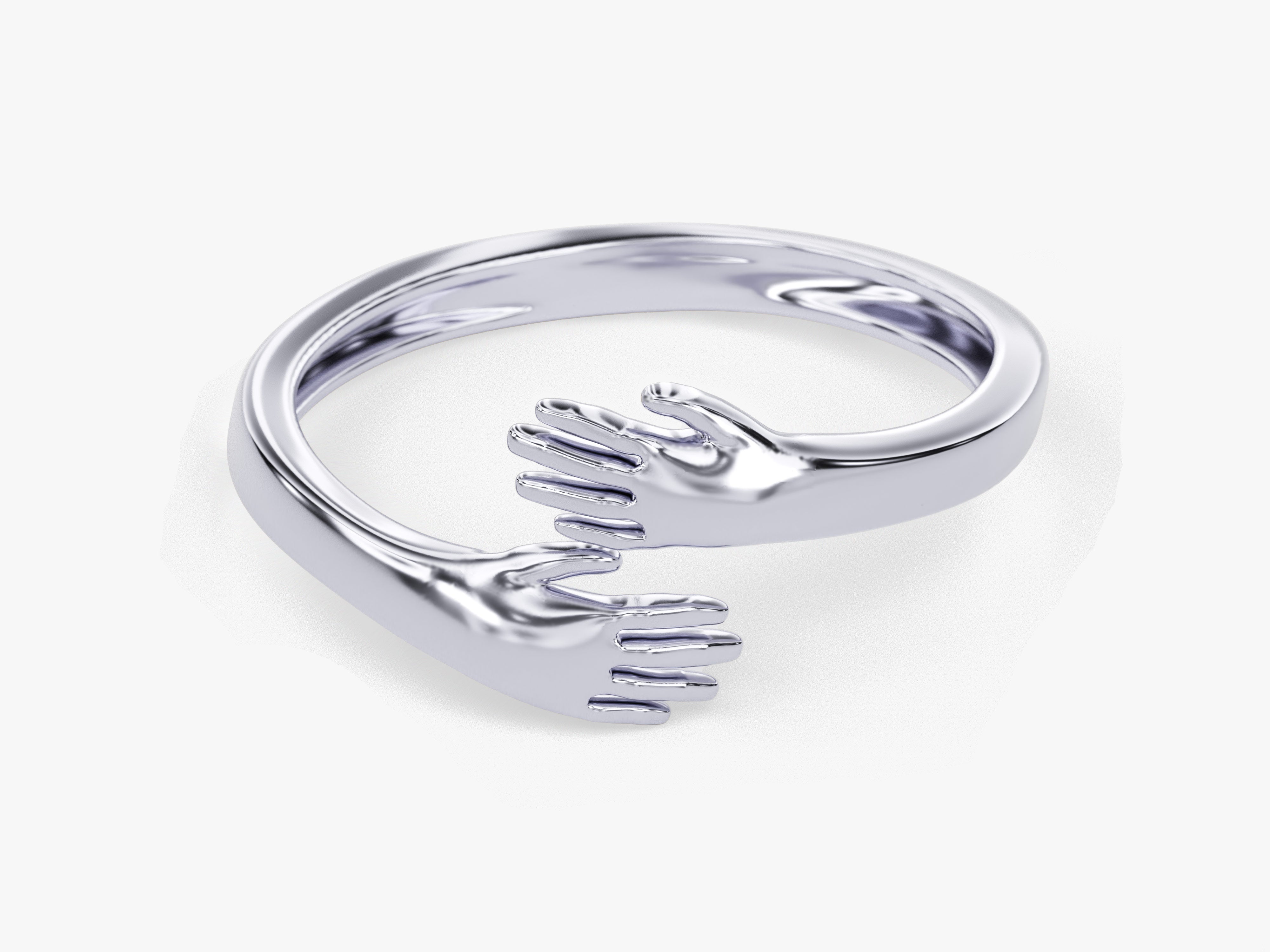 Silver hug ring jewelry, embrace hands design