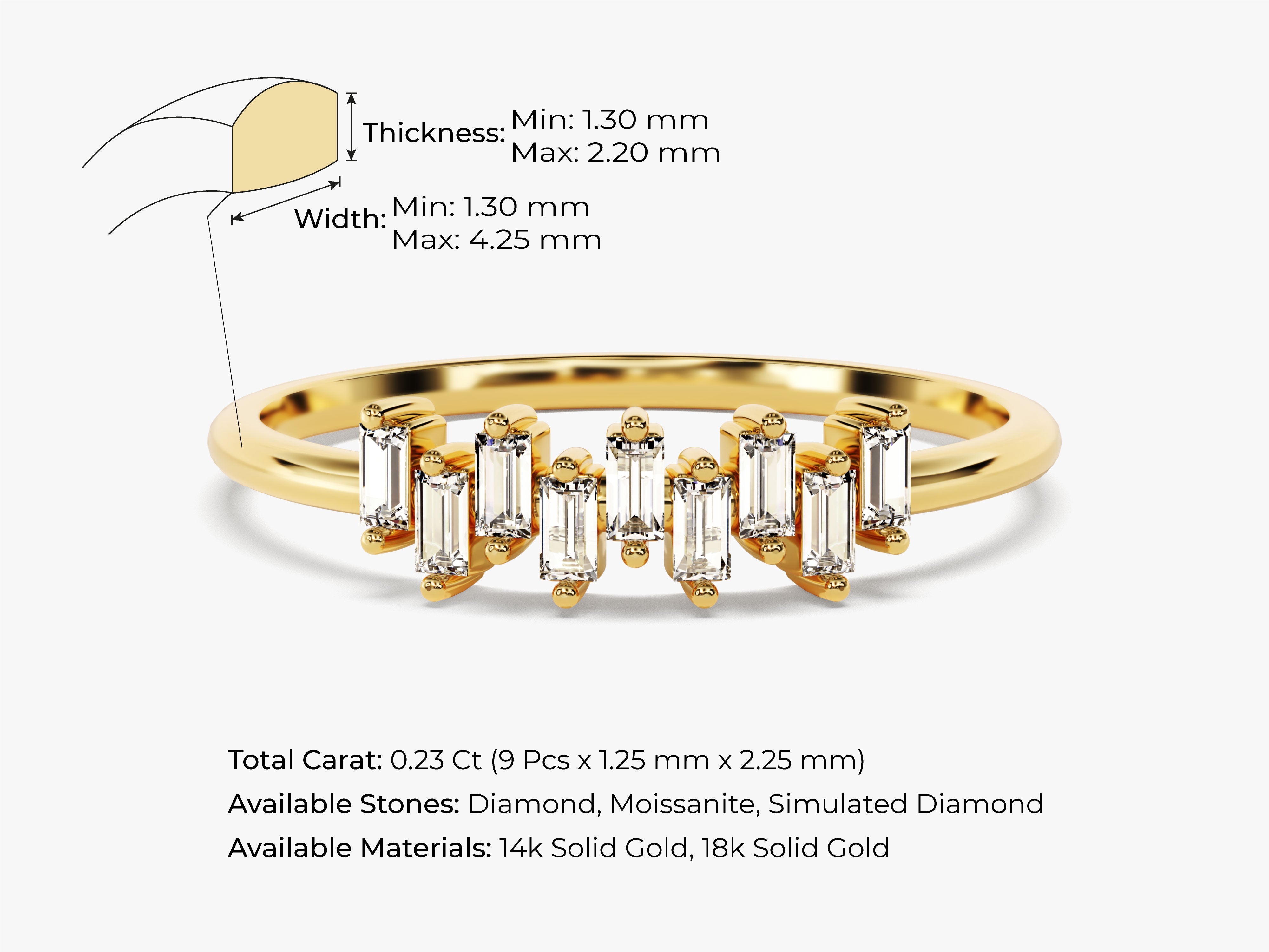 Gold ring with baguette diamonds, dimensions shown