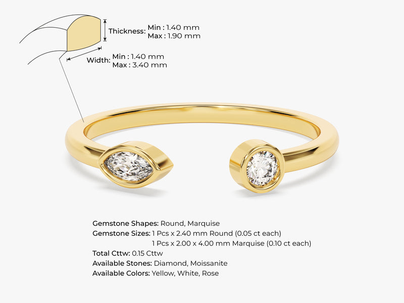 14k Gold Round and Marquise Cut Diamond Open Ring