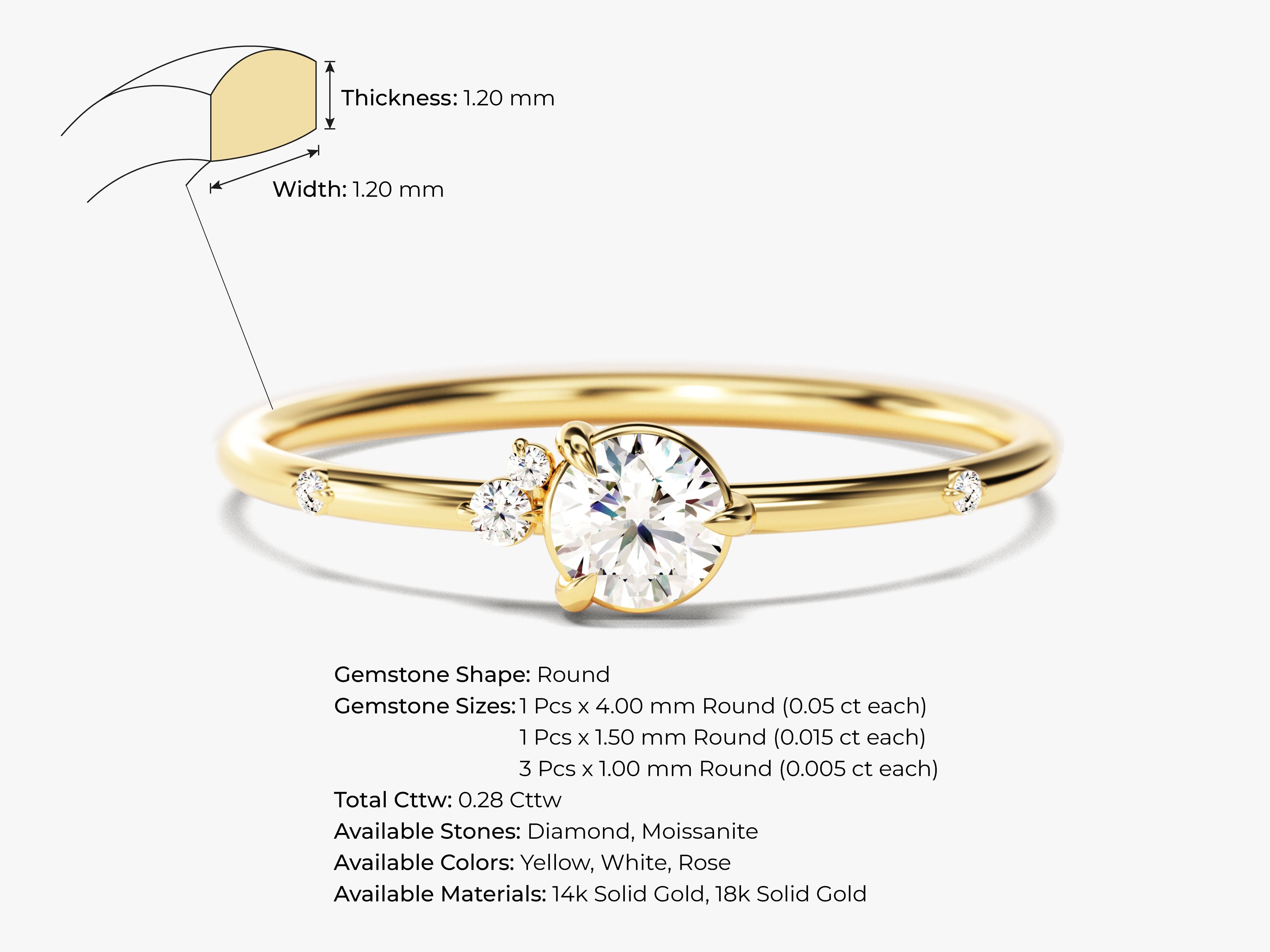 Gold ring with round diamond and moissanite gemstones