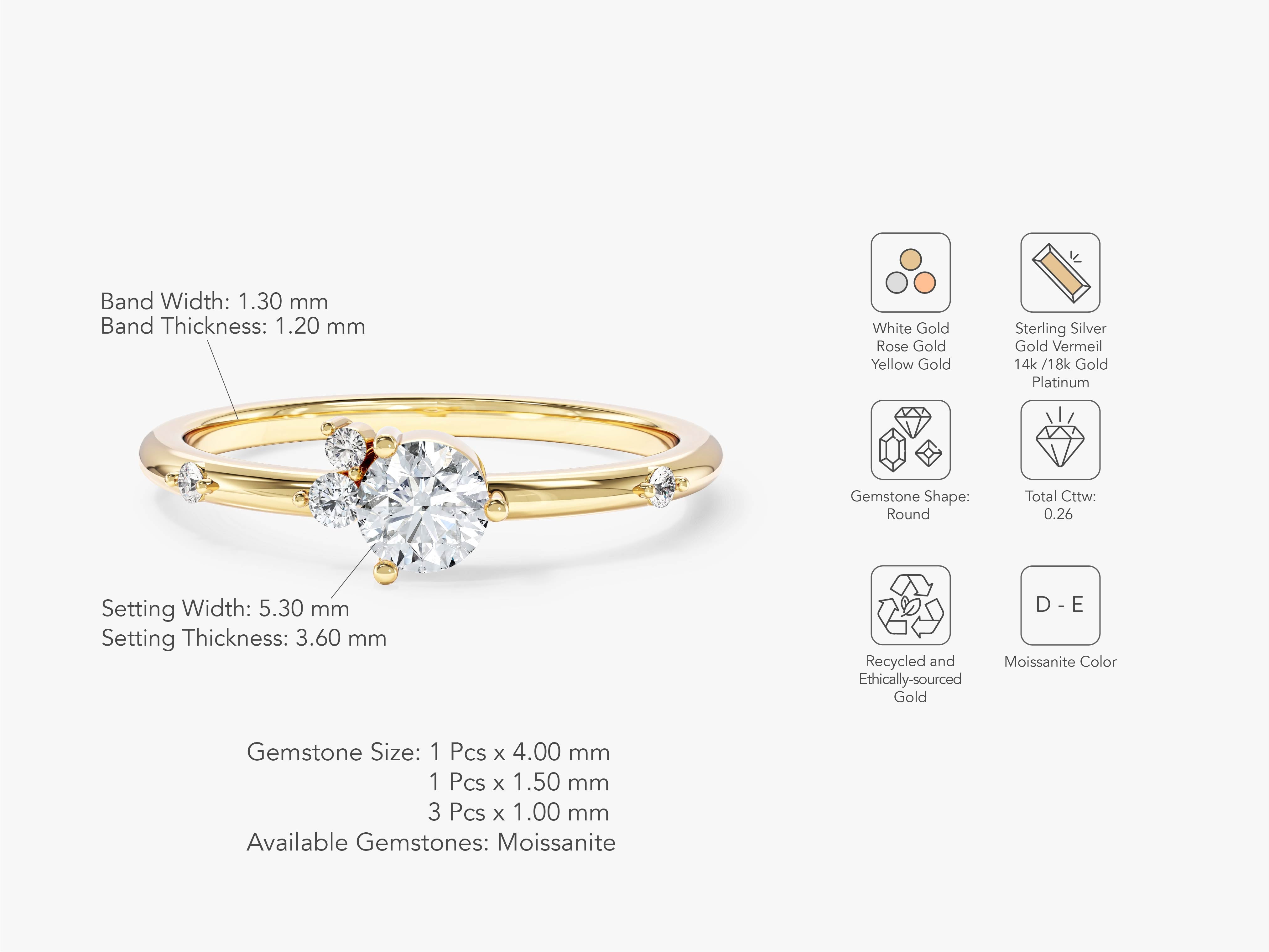 Gold moissanite engagement ring with detailed specifications