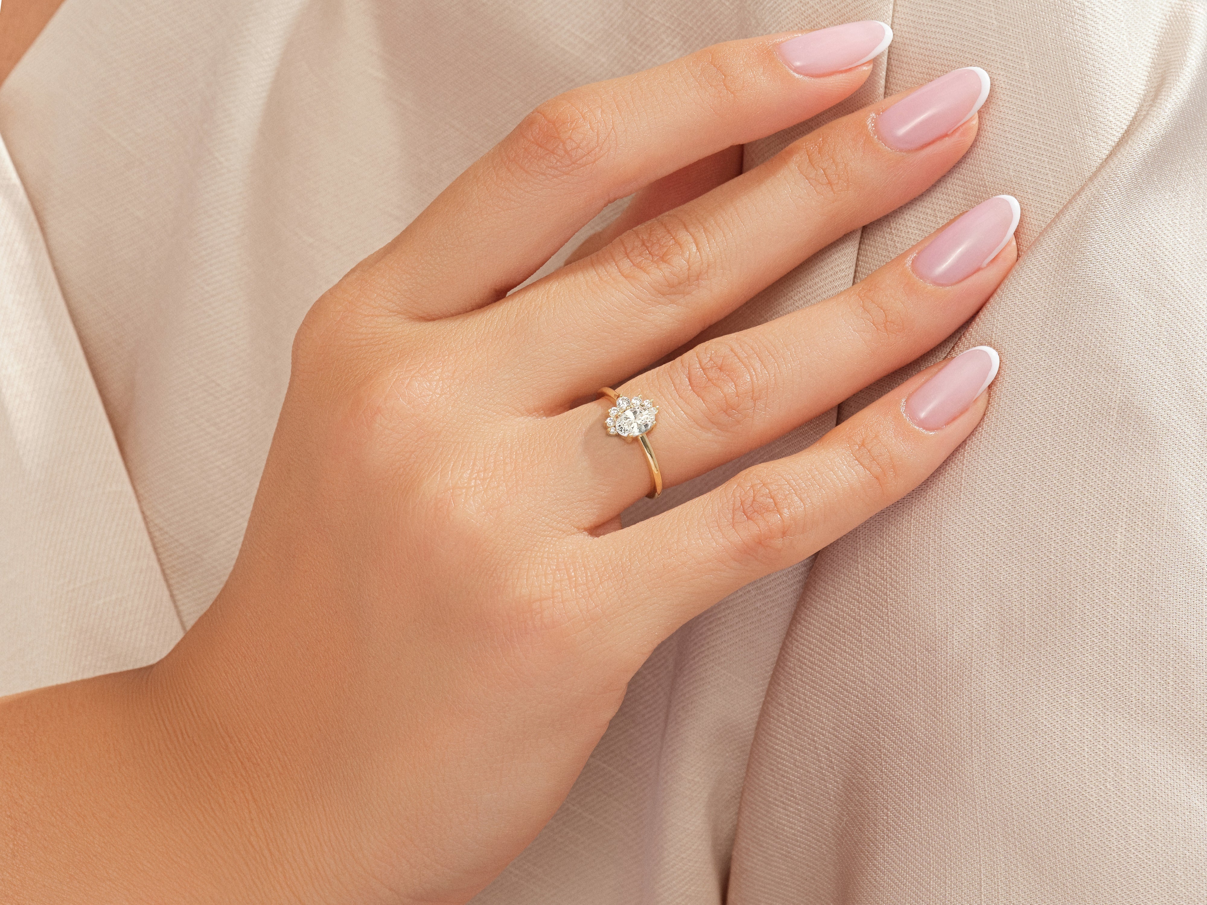 Diamond engagement ring on a woman's hand, jewelry product