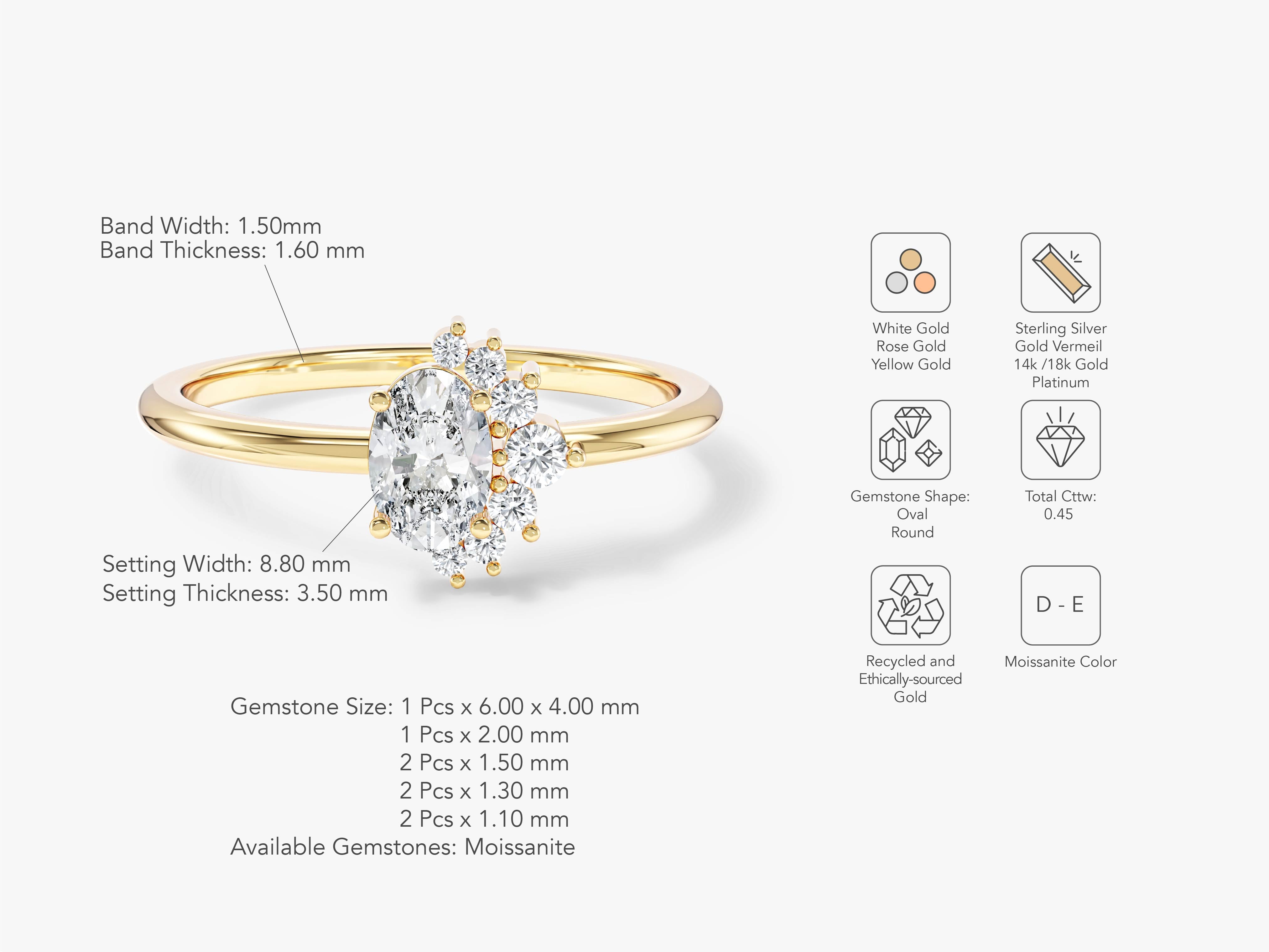 Oval moissanite cluster ring in yellow gold