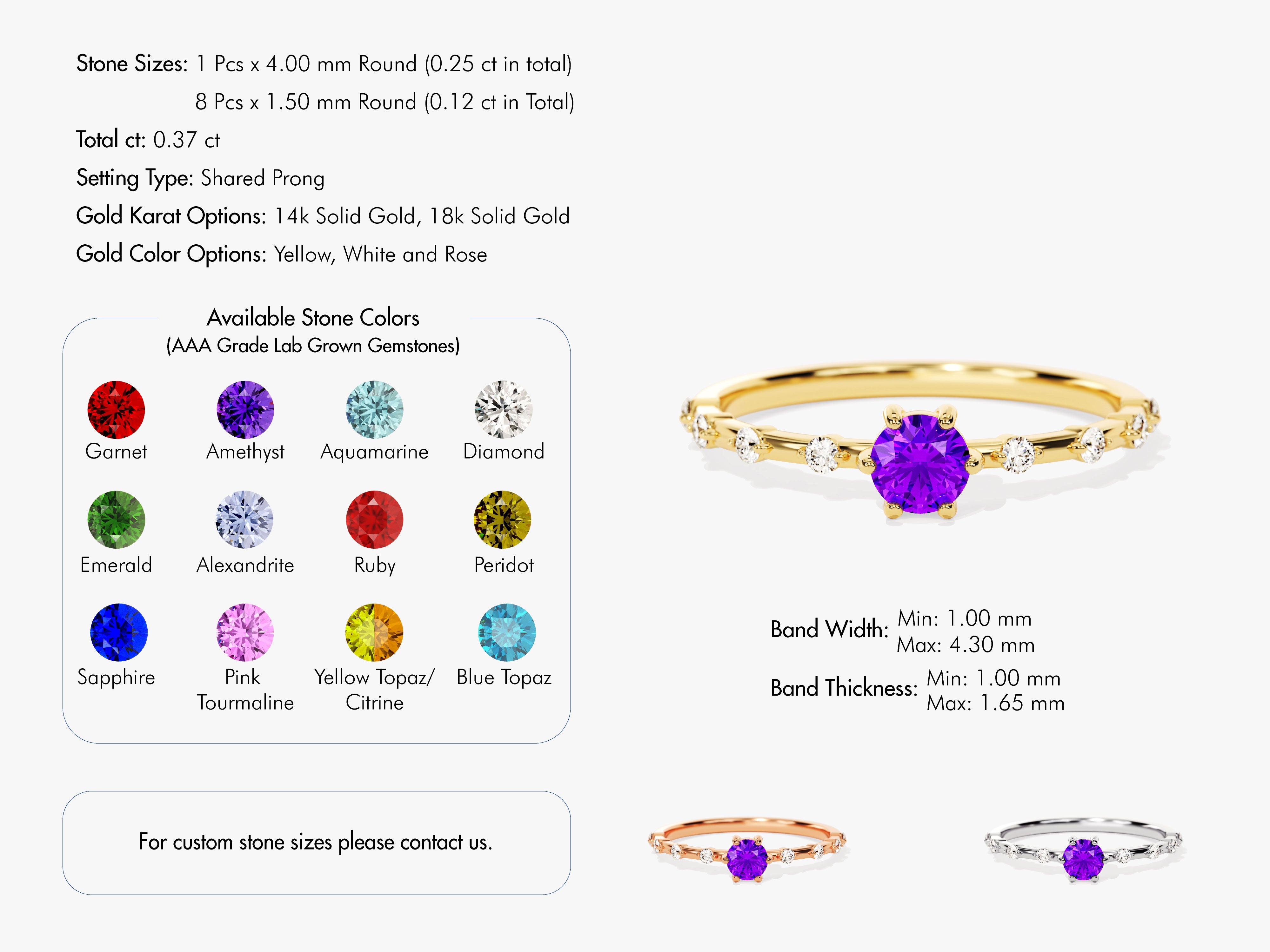Amethyst gemstone ring with diamonds, available in gold karats and colors