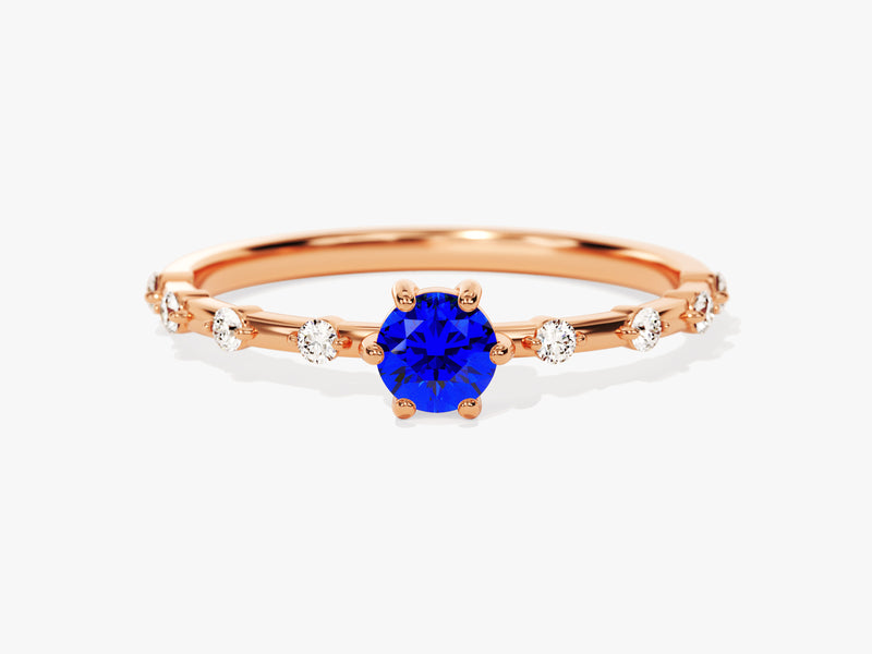 Round Cut Side Stone Accent Sapphire Ring in 14K Solid Gold