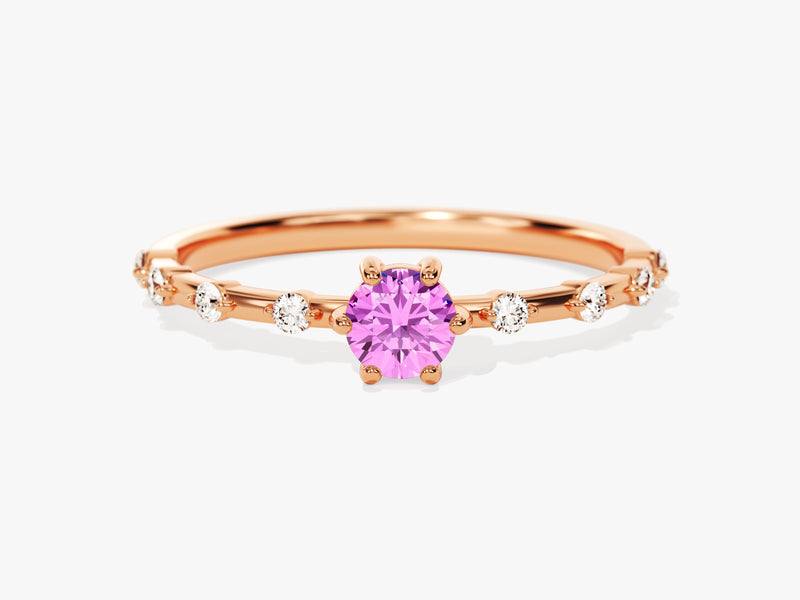 Round Cut Side Stone Accent Pink Tourmaline Ring in 14K Solid Gold