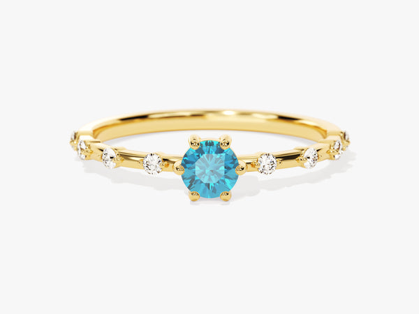 Round Cut Side Stone Accent Blue Topaz Ring in 14K Solid Gold