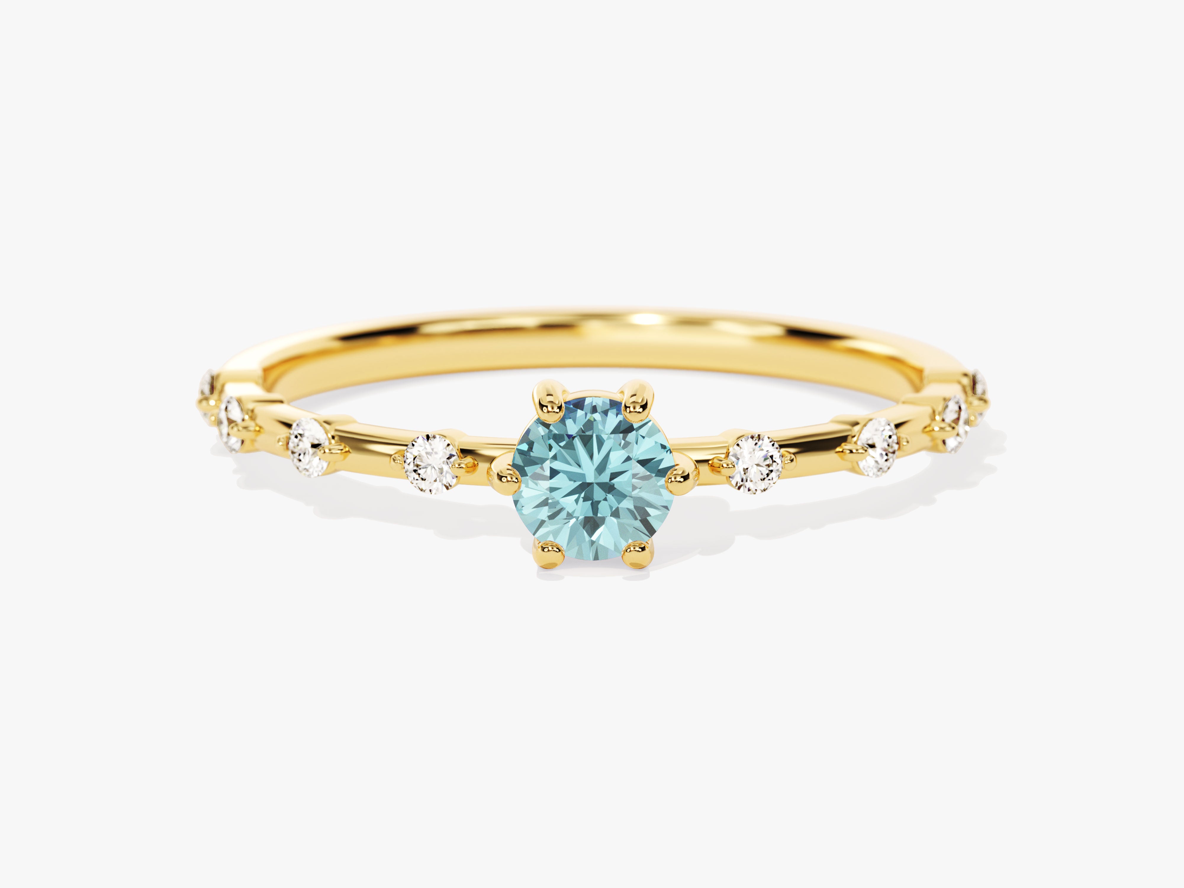 Round Cut Side Stone Accent Aquamarine Ring in 14K Solid Gold