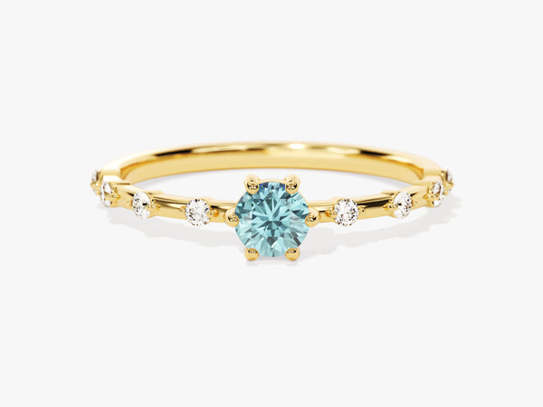 Round Cut Side Stone Accent Aquamarine Ring in 14K Solid Gold