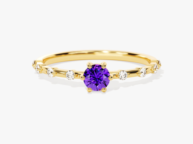 Round Cut Side Stone Accent Amethyst Ring in 14K Solid Gold