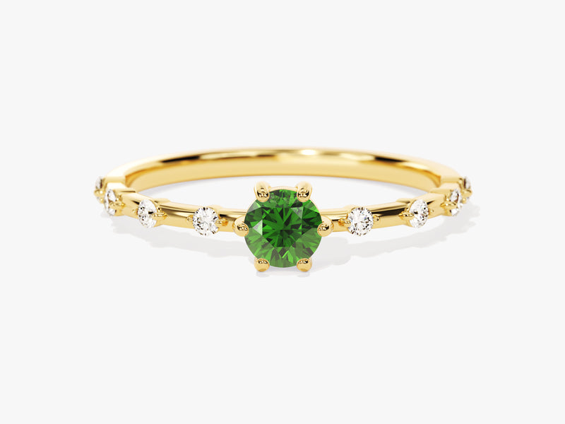 Round Cut Side Stone Accent Emerald Ring in 14K Solid Gold