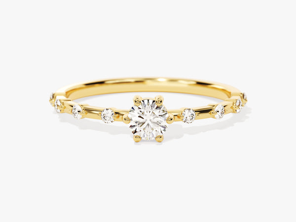 Round Cut Side Stone Accent Diamond Birthstone Ring in 14K Solid Gold