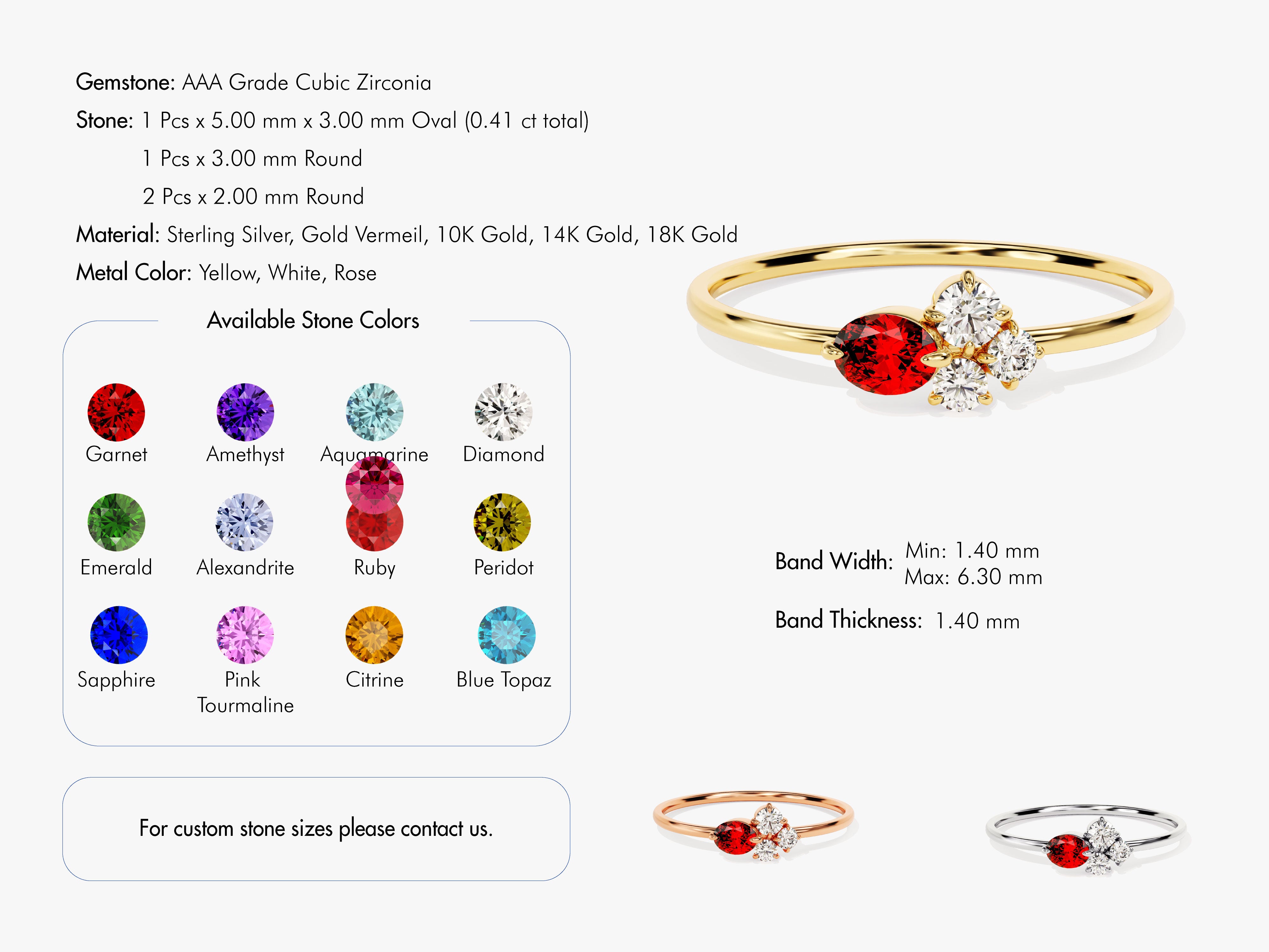 Red oval and round gemstone ring, sterling silver, gold vermeil, 10K, 14K gold