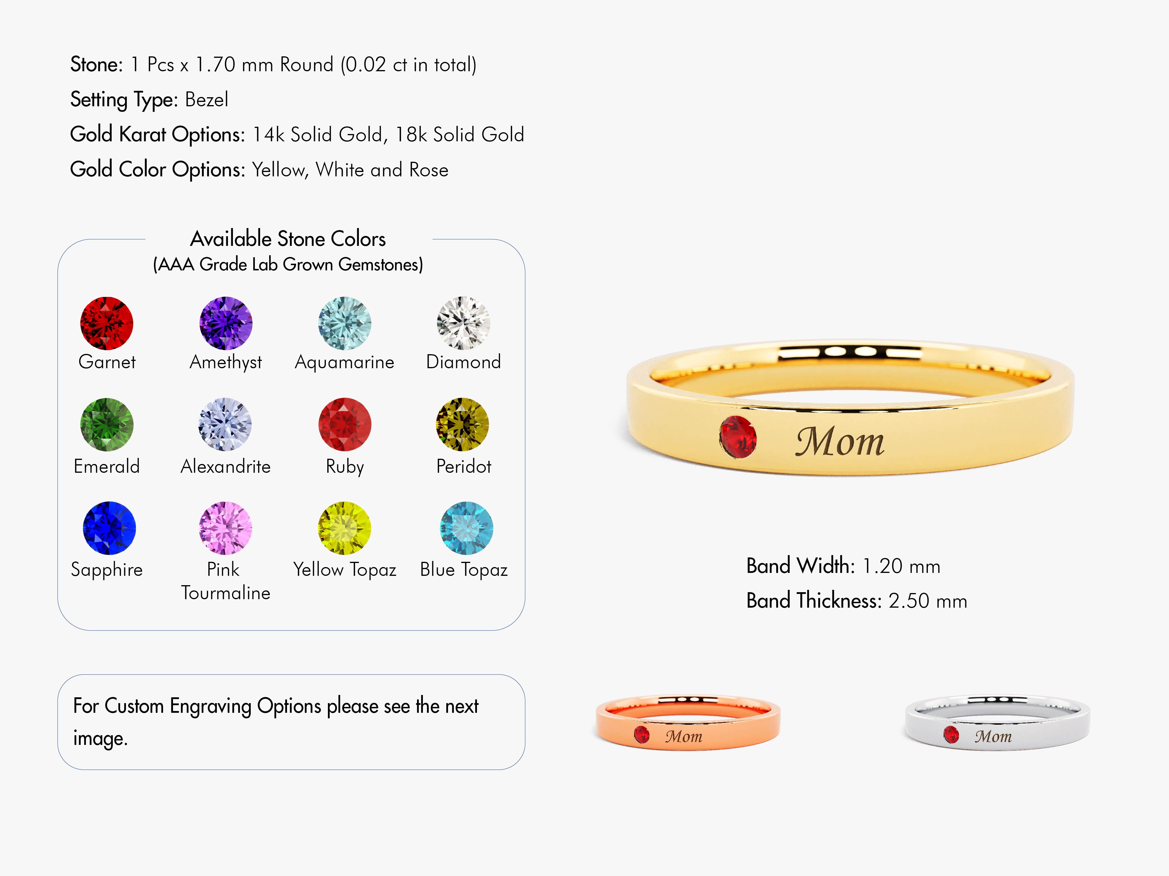 Gold ring with ruby and "Mom" engraving, available in multiple gemstones