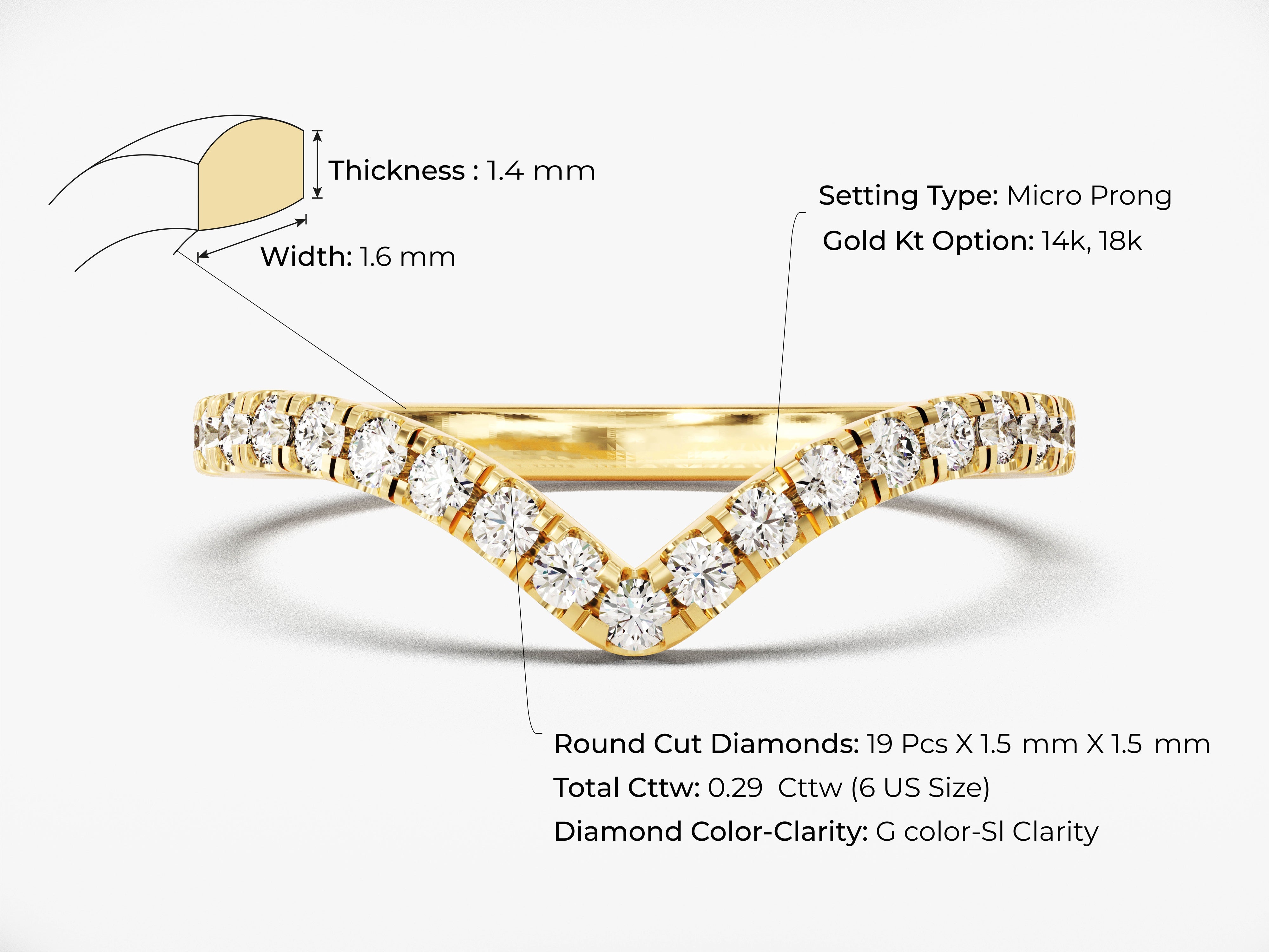 V-shaped diamond ring, micro prong setting, 14k/18k gold