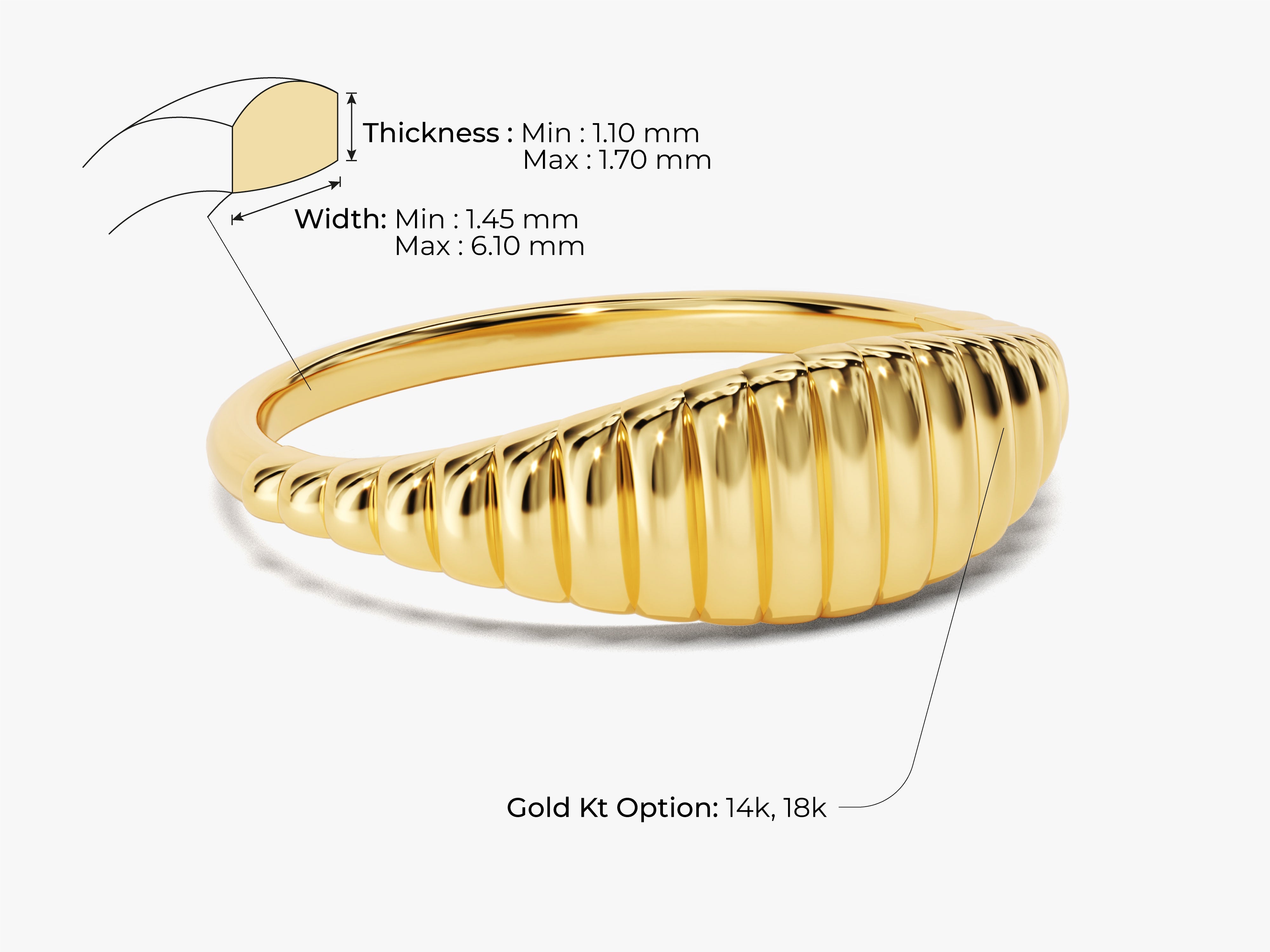 Gold ribbed ring with dimensions and gold karat options