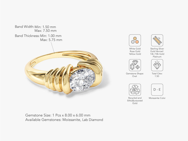 Gold ring with oval moissanite or lab diamond gemstone