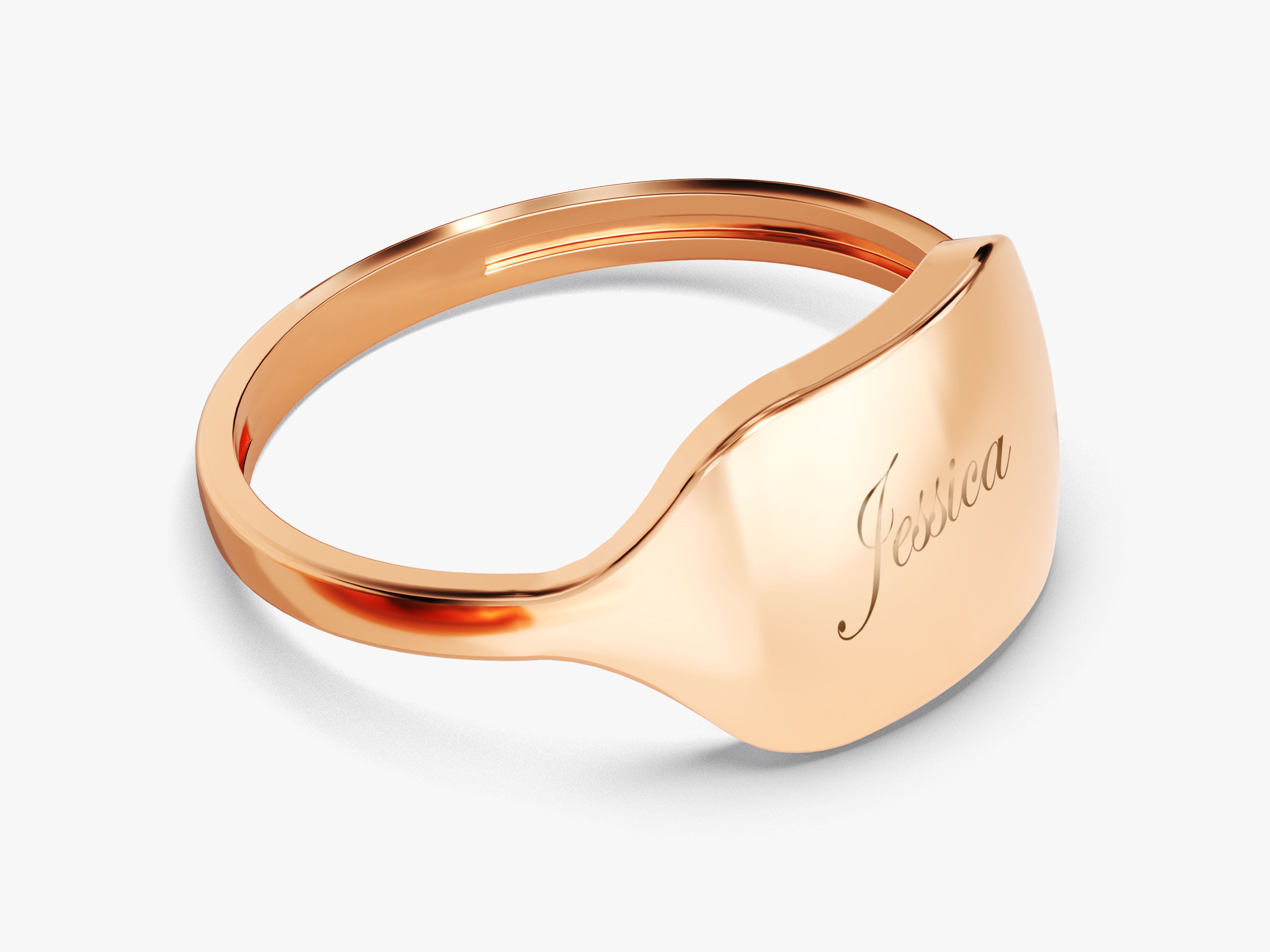 Rose gold signet ring engraved with "Jessica"