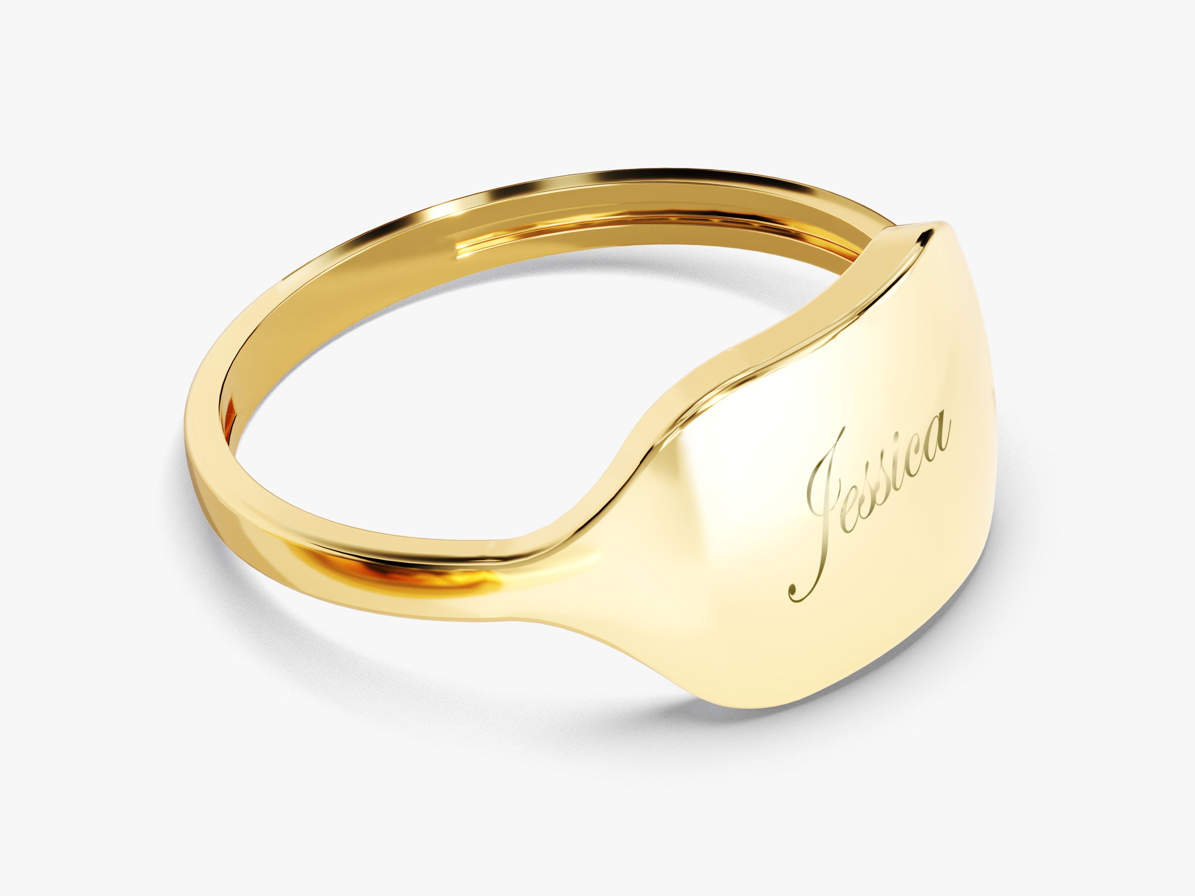 Gold signet ring with engraved "Jessica" for jewelry company