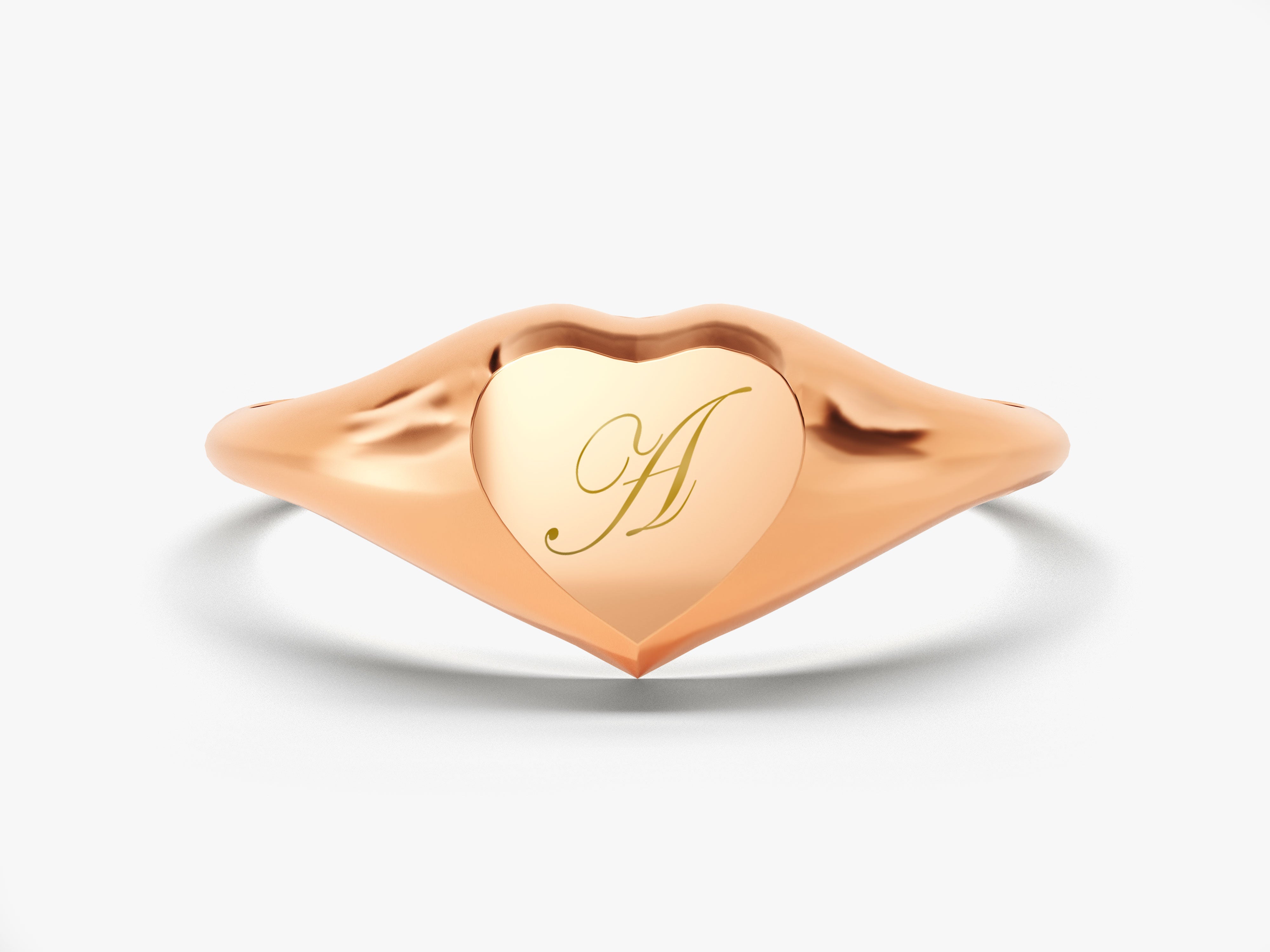 Rose gold heart signet ring with engraved initial A