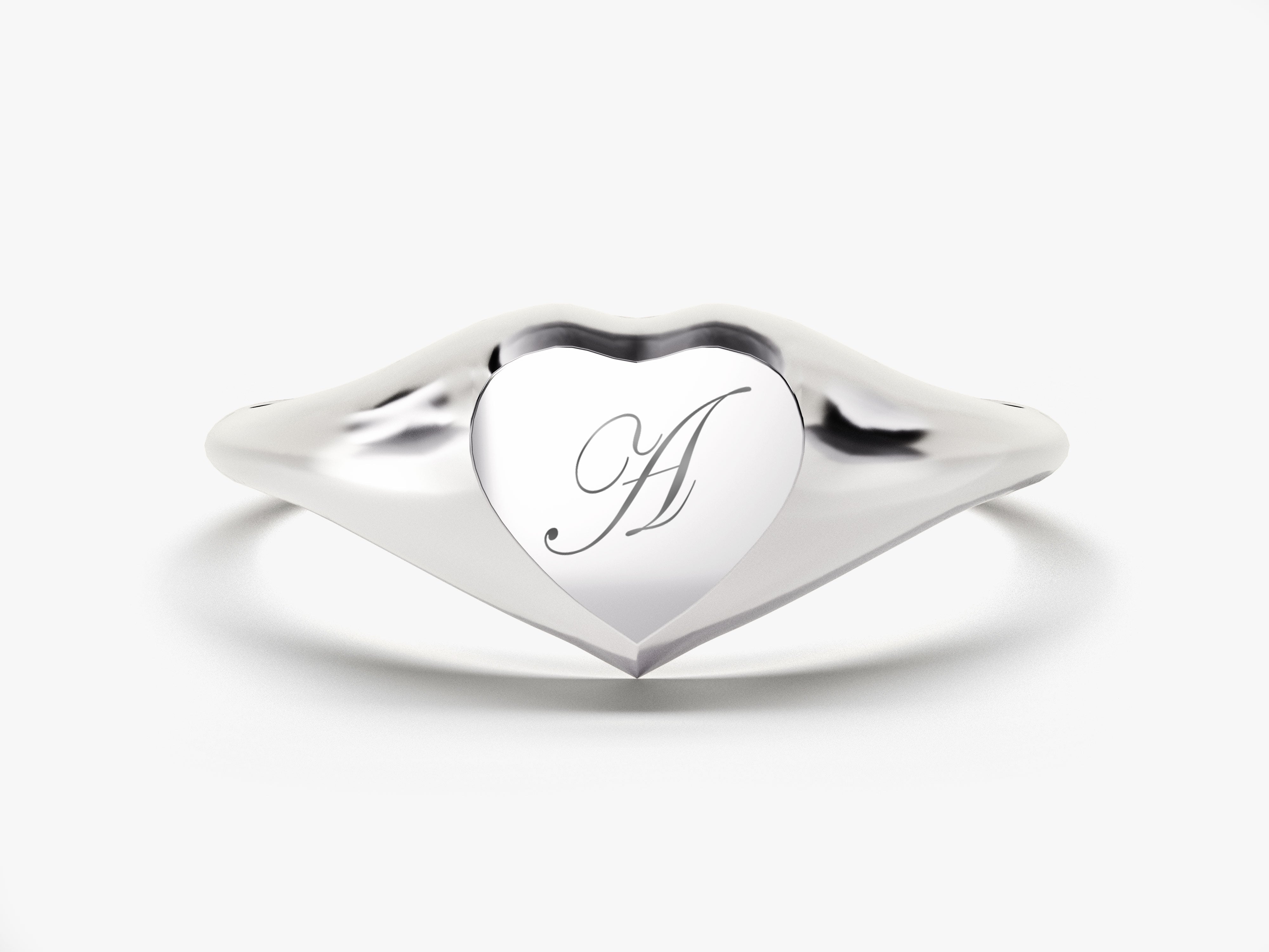 Silver heart signet ring with engraved initial A